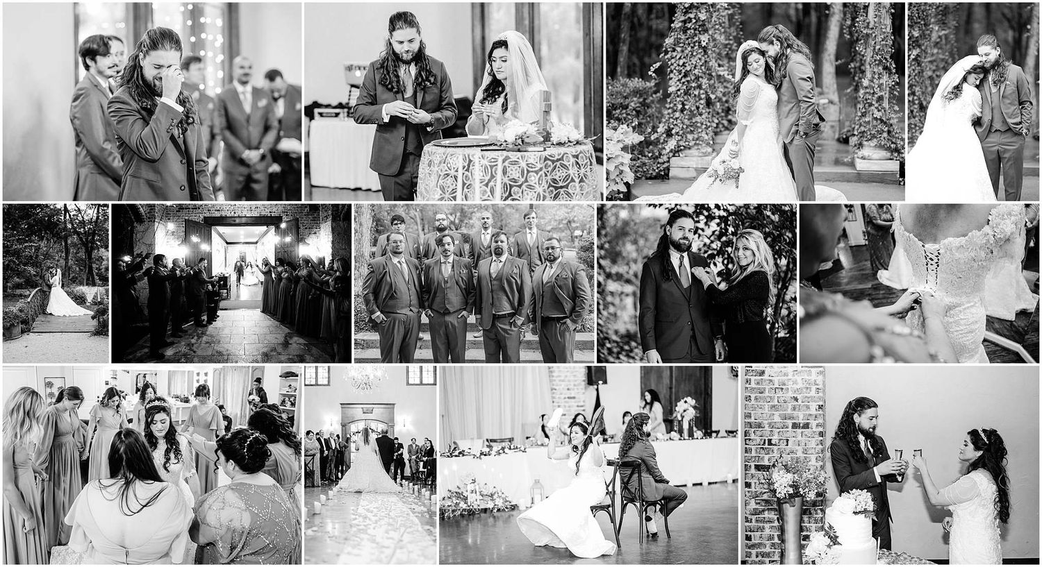 Black and white wedding photo collage featuring ceremony, reception, and candid moments of bride, groom, and guests.