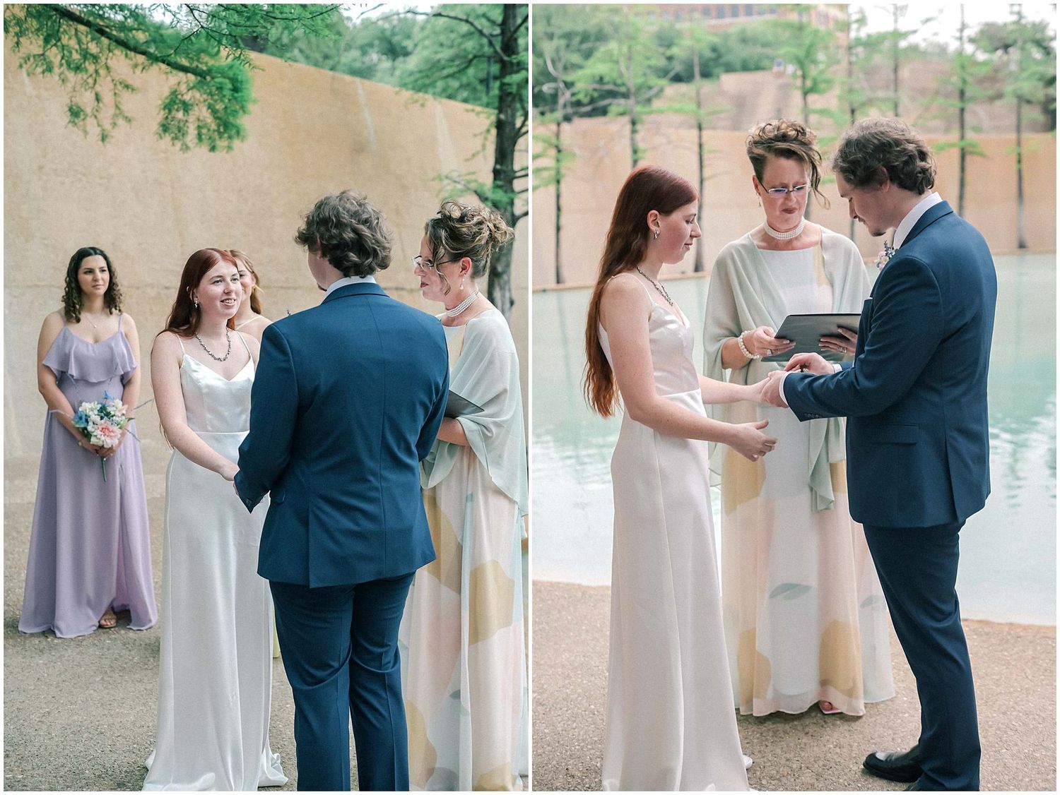Wedding party in light purple dresses and navy suits poses for photos by a serene lakeside setting at sunset.