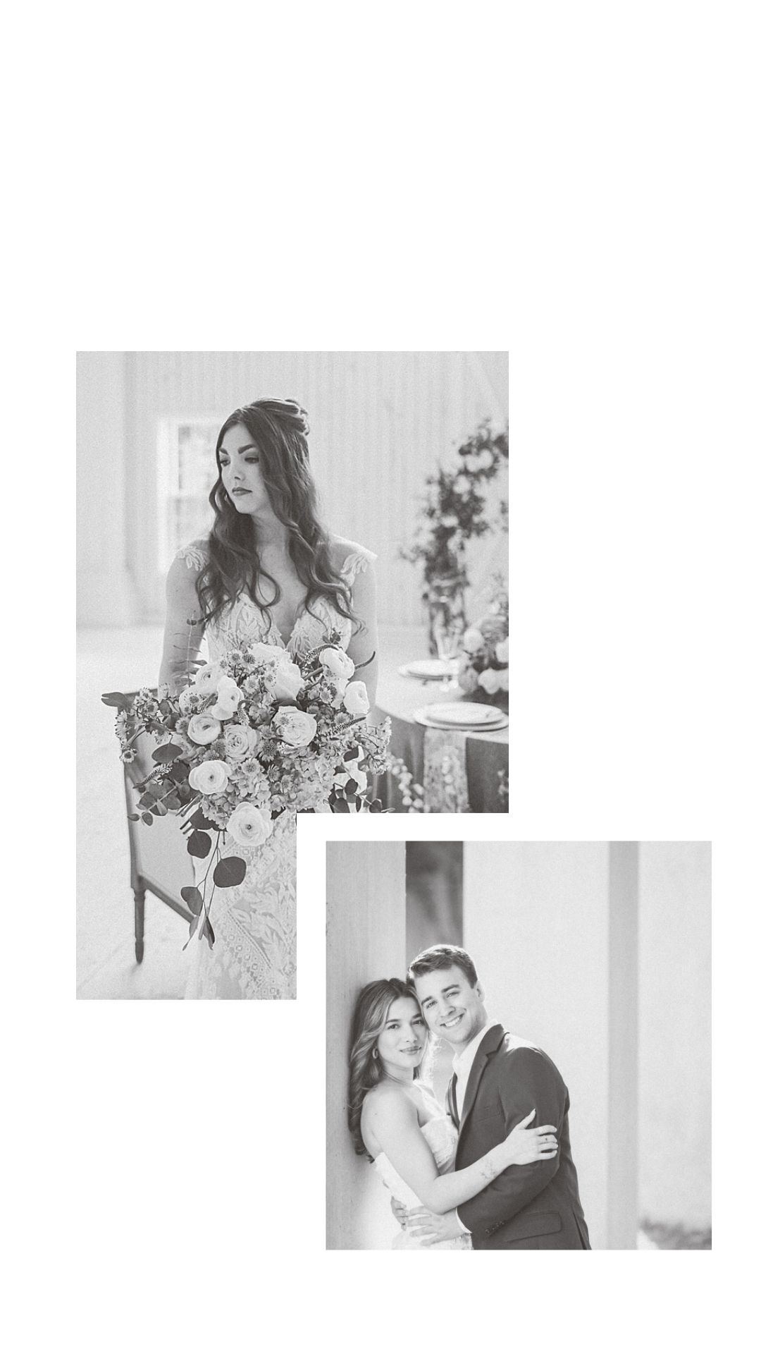 Black and white wedding photo collage featuring a bride with bouquet and a couple embracing in elegant attire.