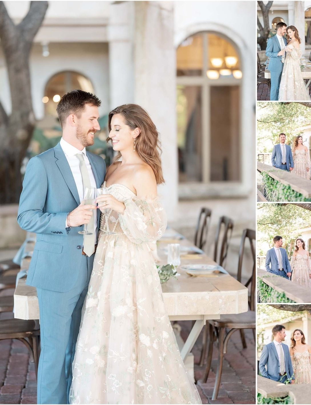 Elegant couple in blue suit and floral off-shoulder wedding gown sharing a romantic moment at an outdoor reception.