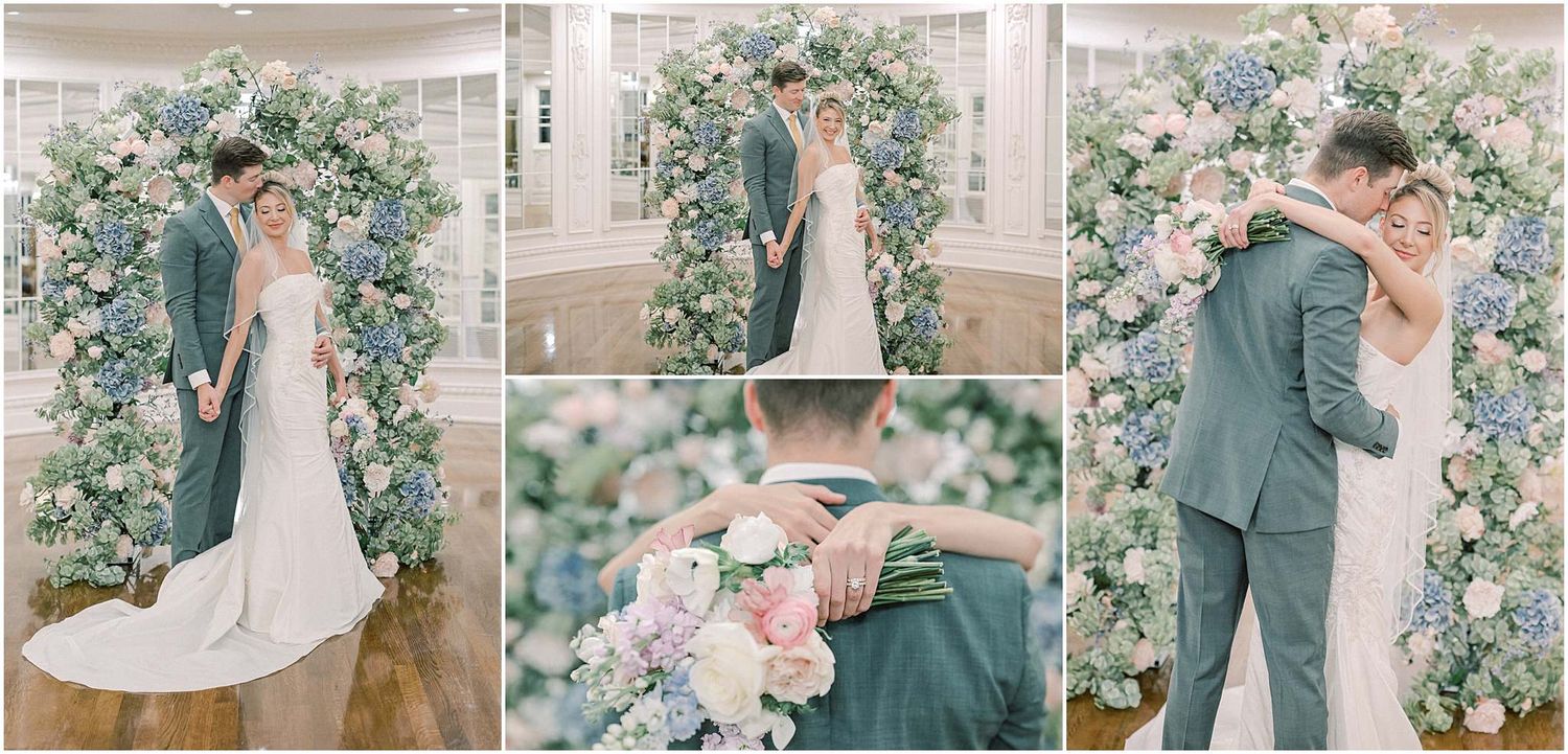 Wedding photo collage featuring intimate moments under a floral arch.