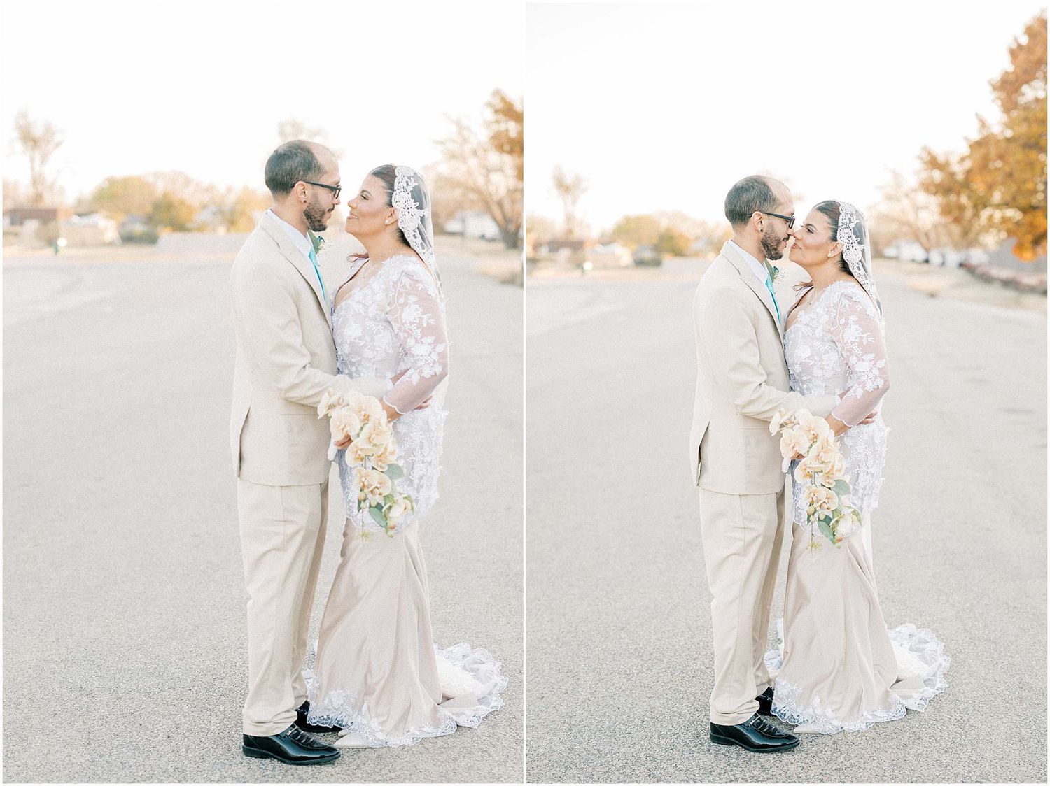 Romantic outdoor wedding portraits captured during golden hour in a natural setting.