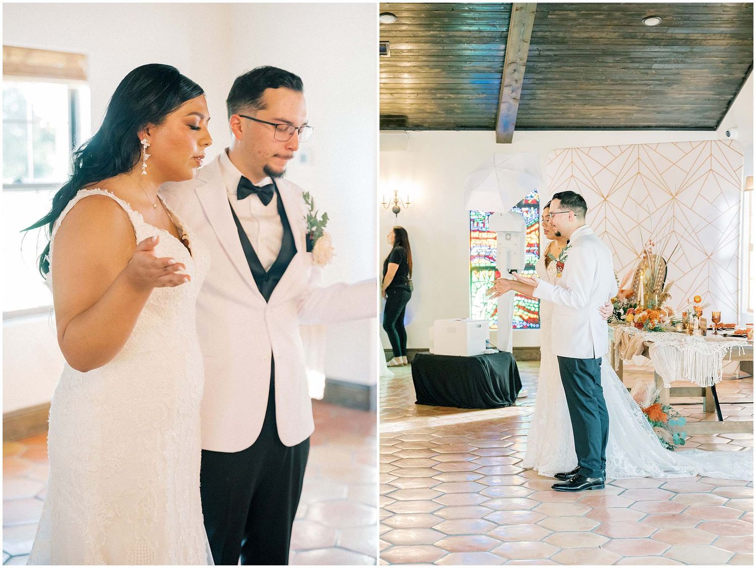 Couples dancing together at an indoor wedding reception on hexagonal tile floors.