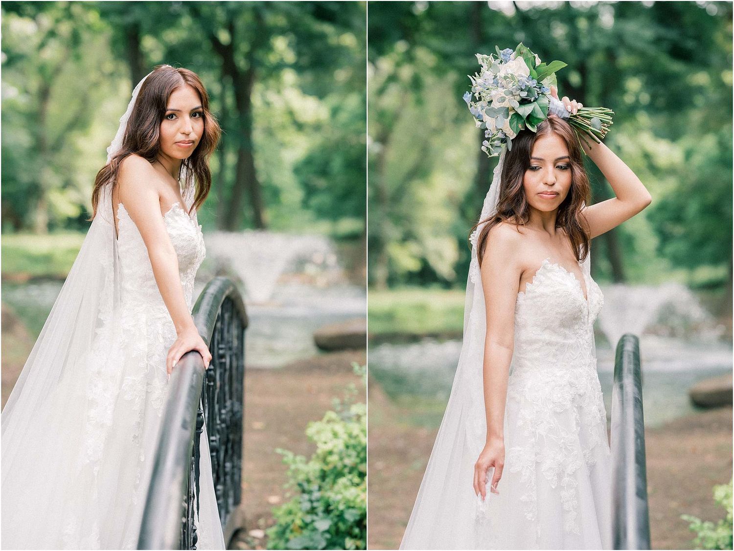 Elegant bride in lace wedding gown poses gracefully against ornate iron railing in outdoor garden setting.