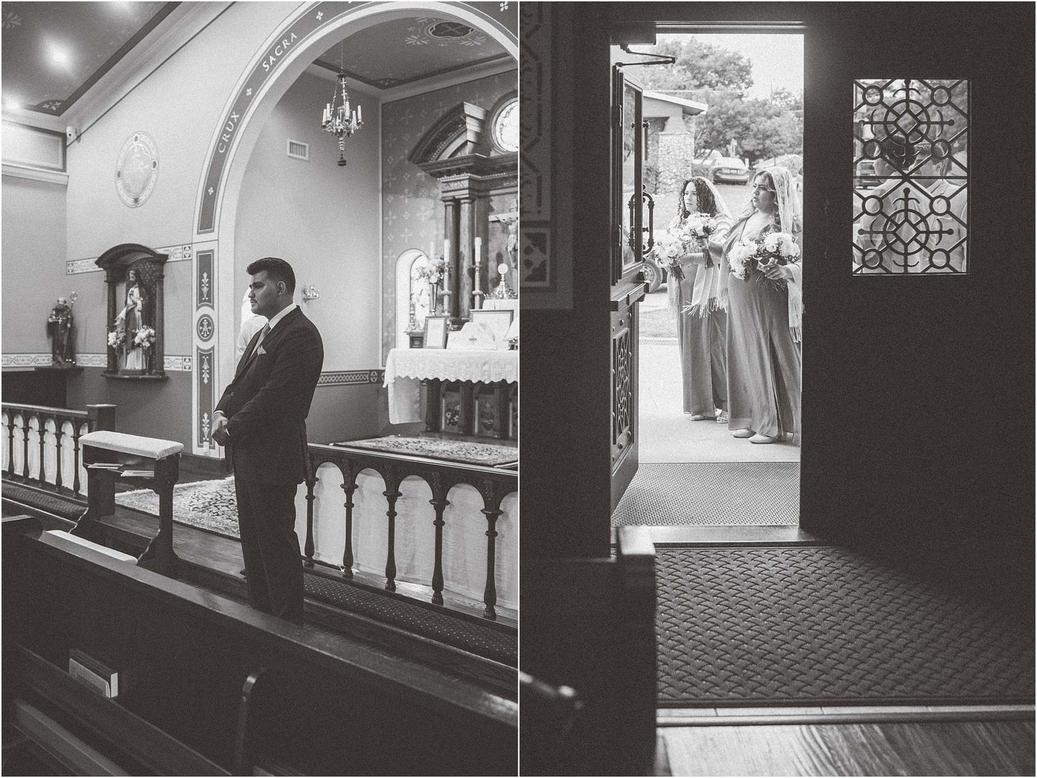 Black and white church interior photos capturing pre-ceremony moments.
