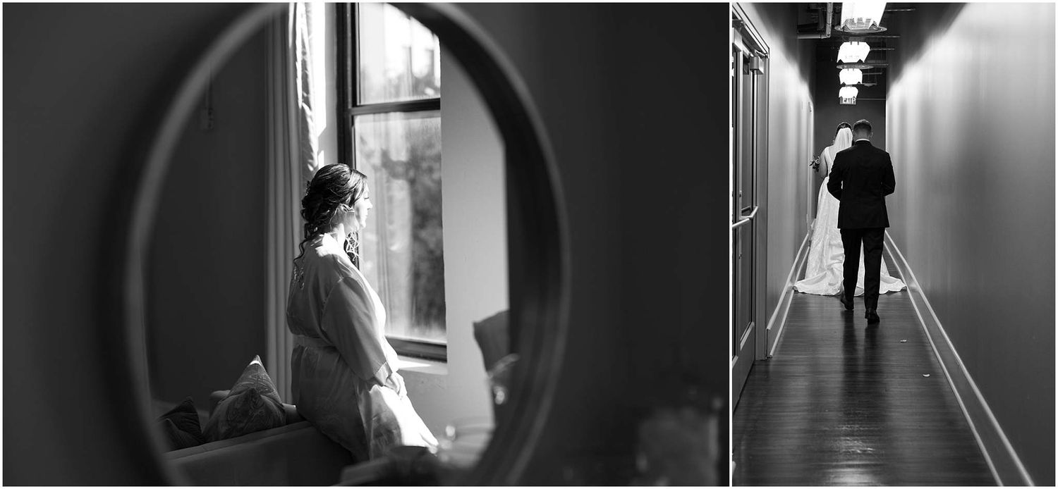 Artistic black and white wedding photos taken through circular frame and in hallway.