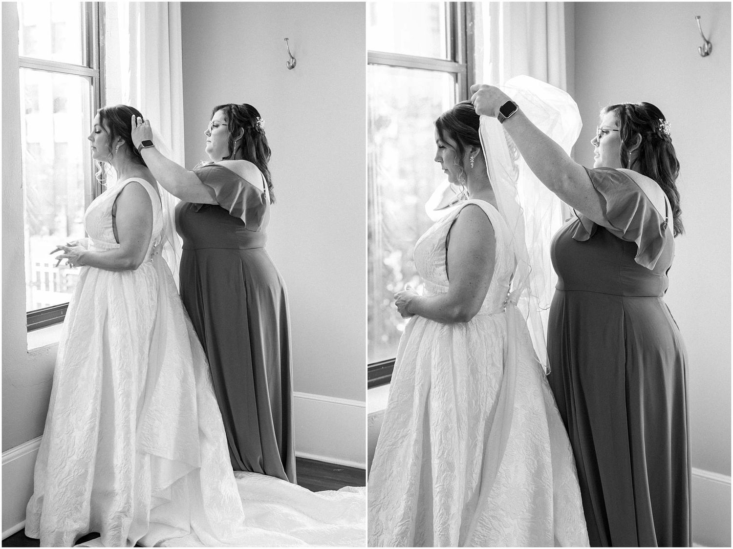 Black and white sequence of wedding preparation moments with bridesmaids.