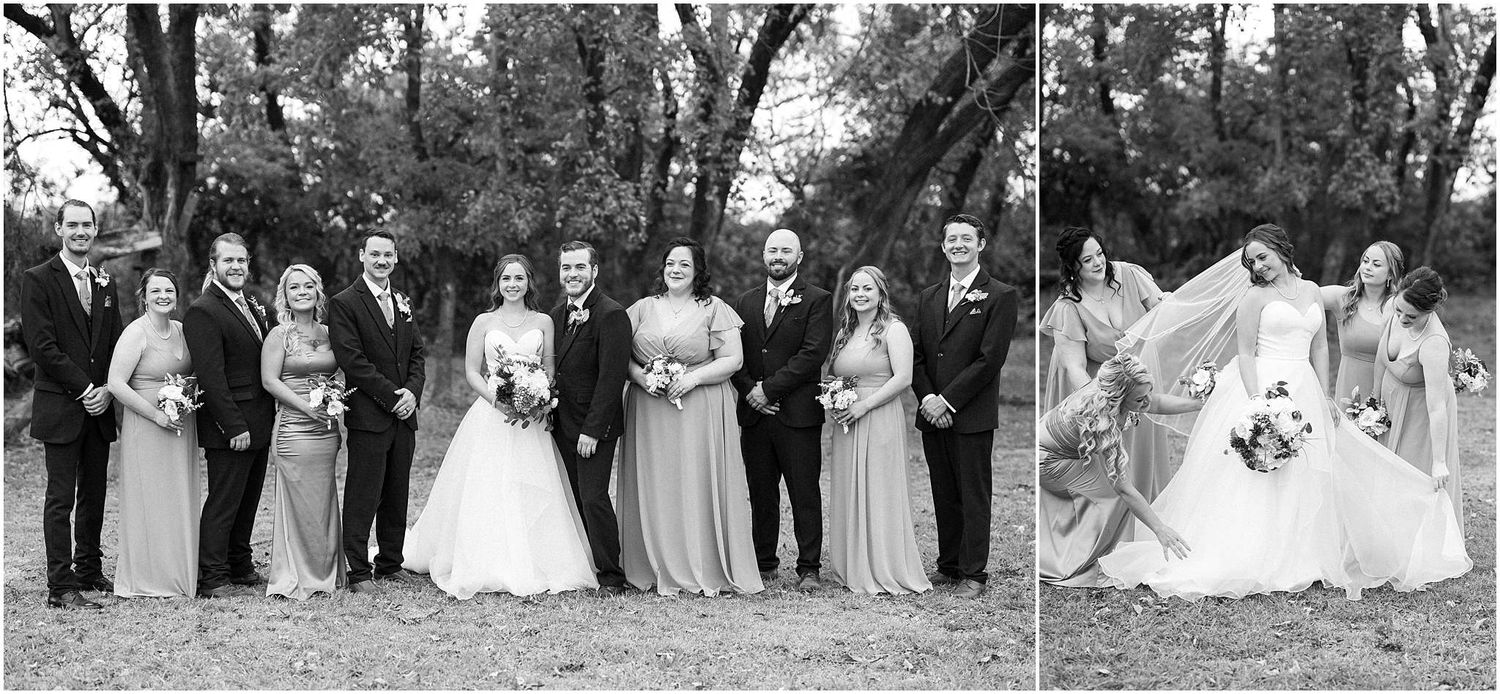 Black and white photos of wedding party gathered on grass.