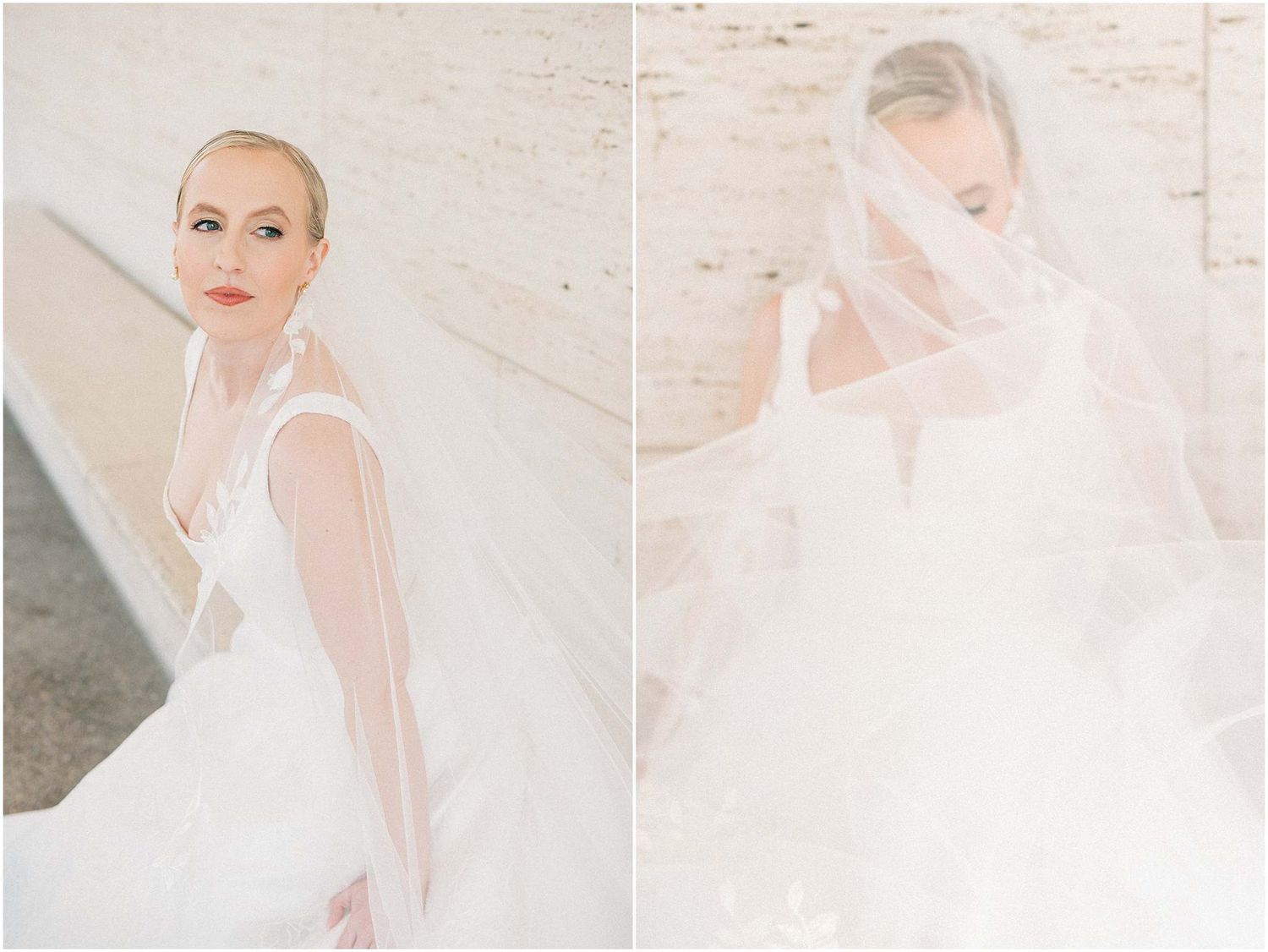 Ethereal bridal photos with flowing veil movement and classic white dress silhouette.