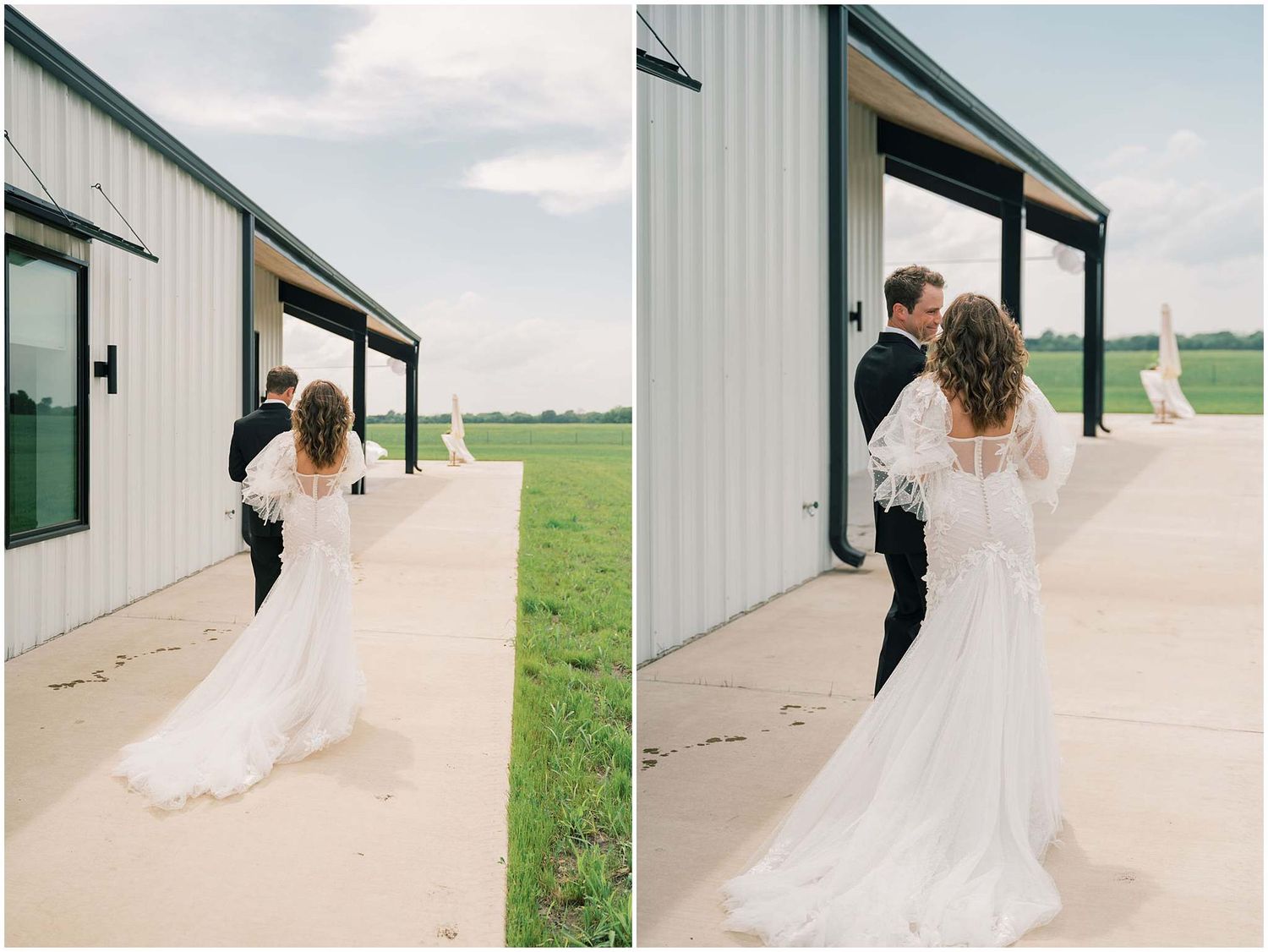 Sequence of wedding photos showing couple's interaction along a white building exterior.