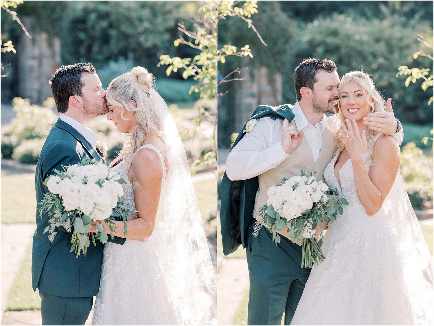 Joyful wedding couple shares tender moments during outdoor garden photo session.