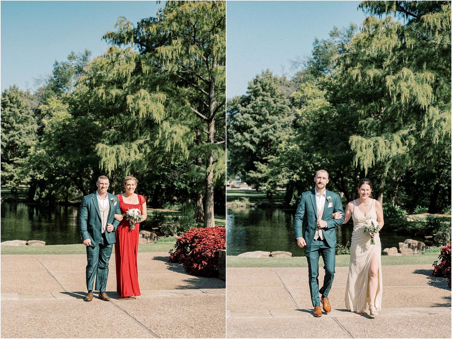Wedding party members gathering for formal photos in a landscaped garden setting.