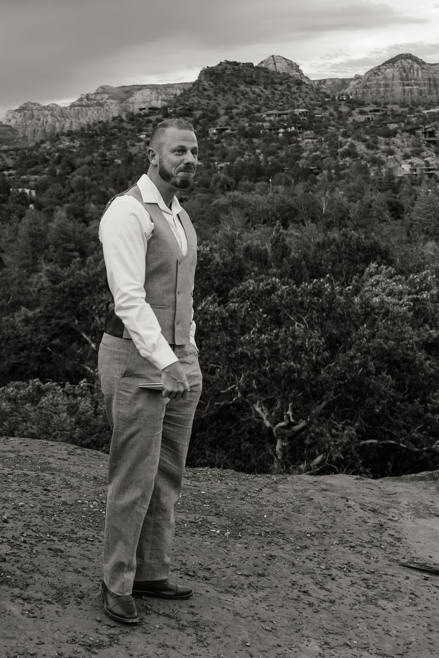 A groom at his wedding in Sedona, Arizona