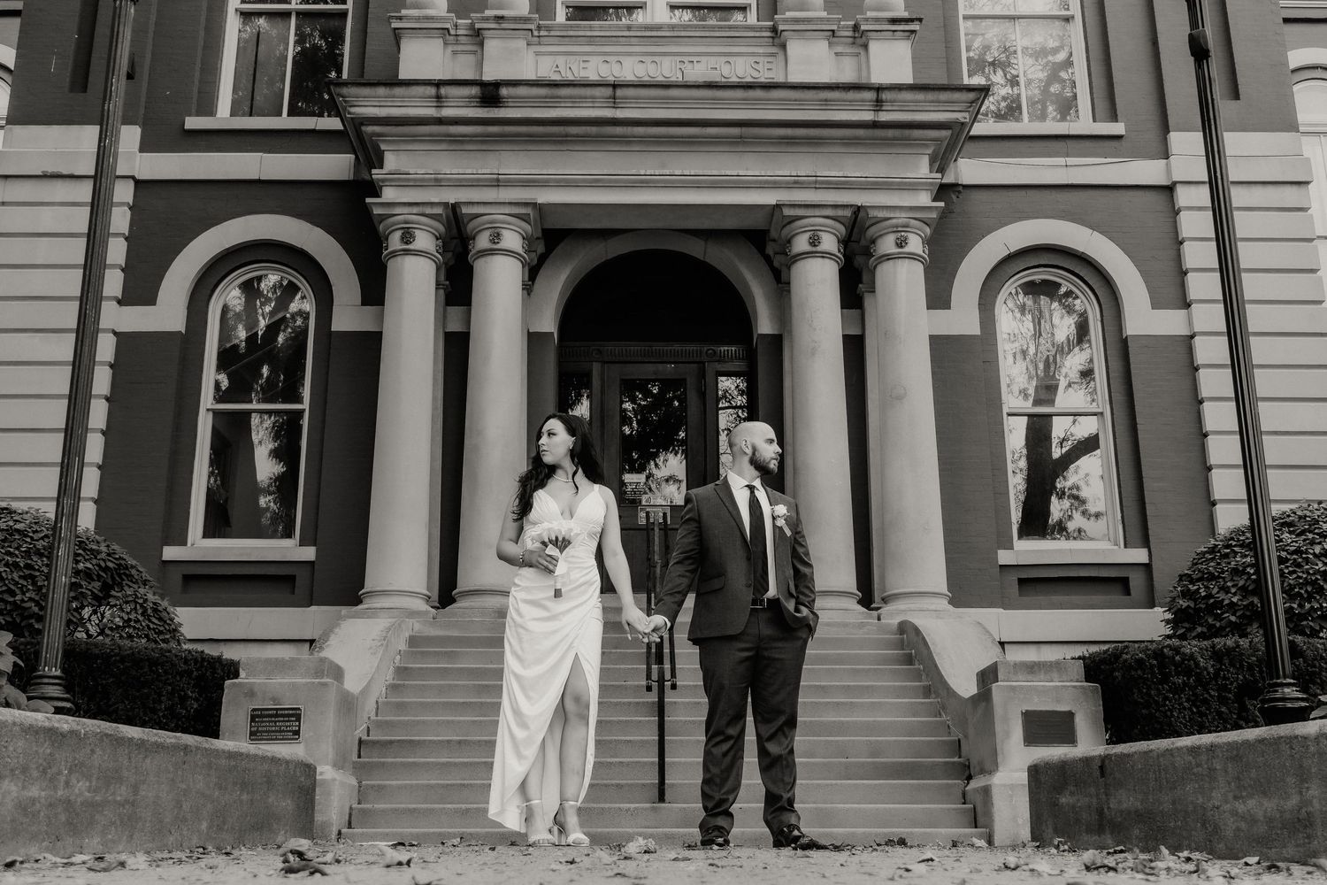 Wedding couple at Old Lake Courthouse in Crown Point, Indiana