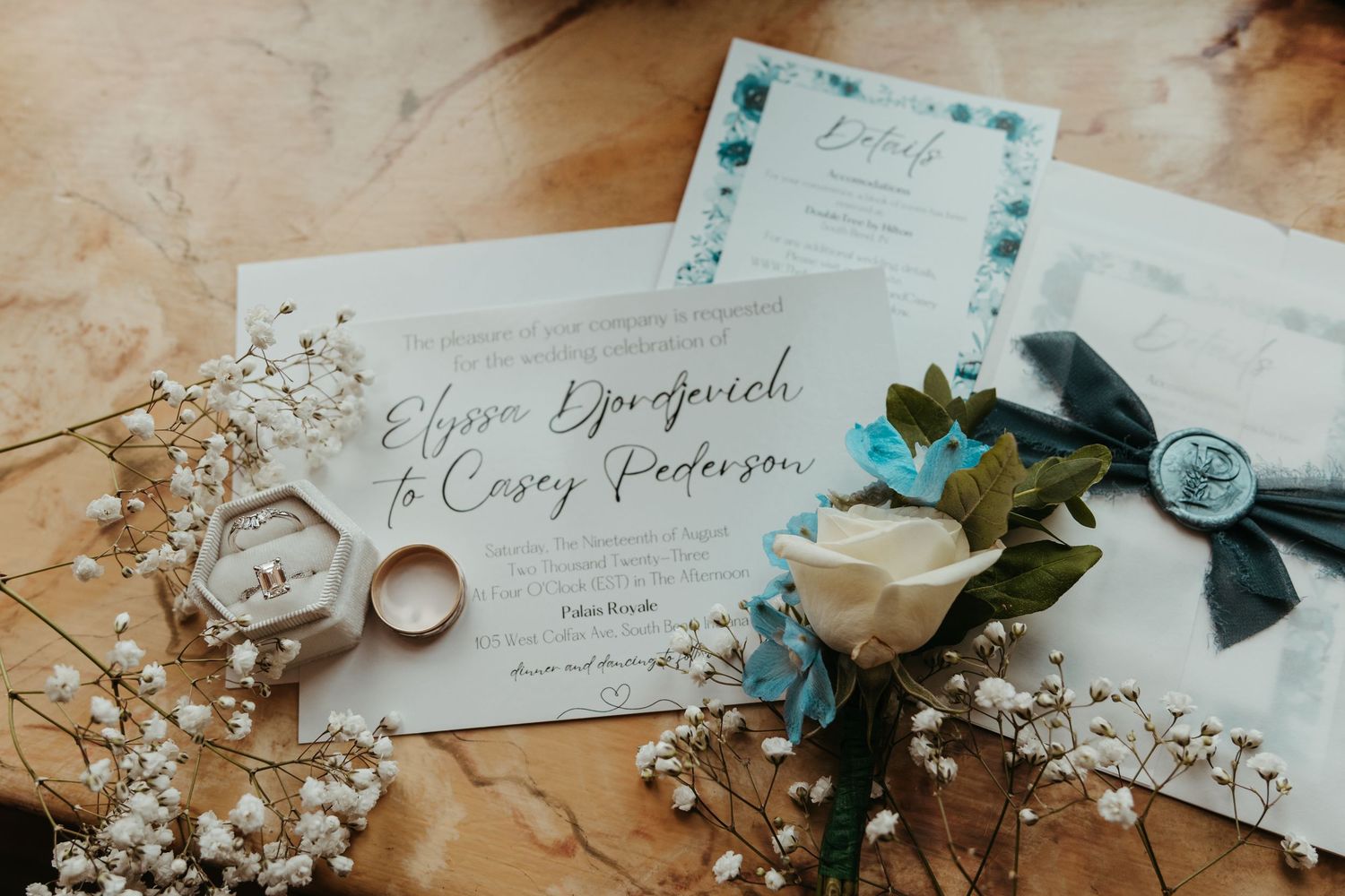 A wedding invitation at Morris Performing Arts Center in South Bend, Indiana