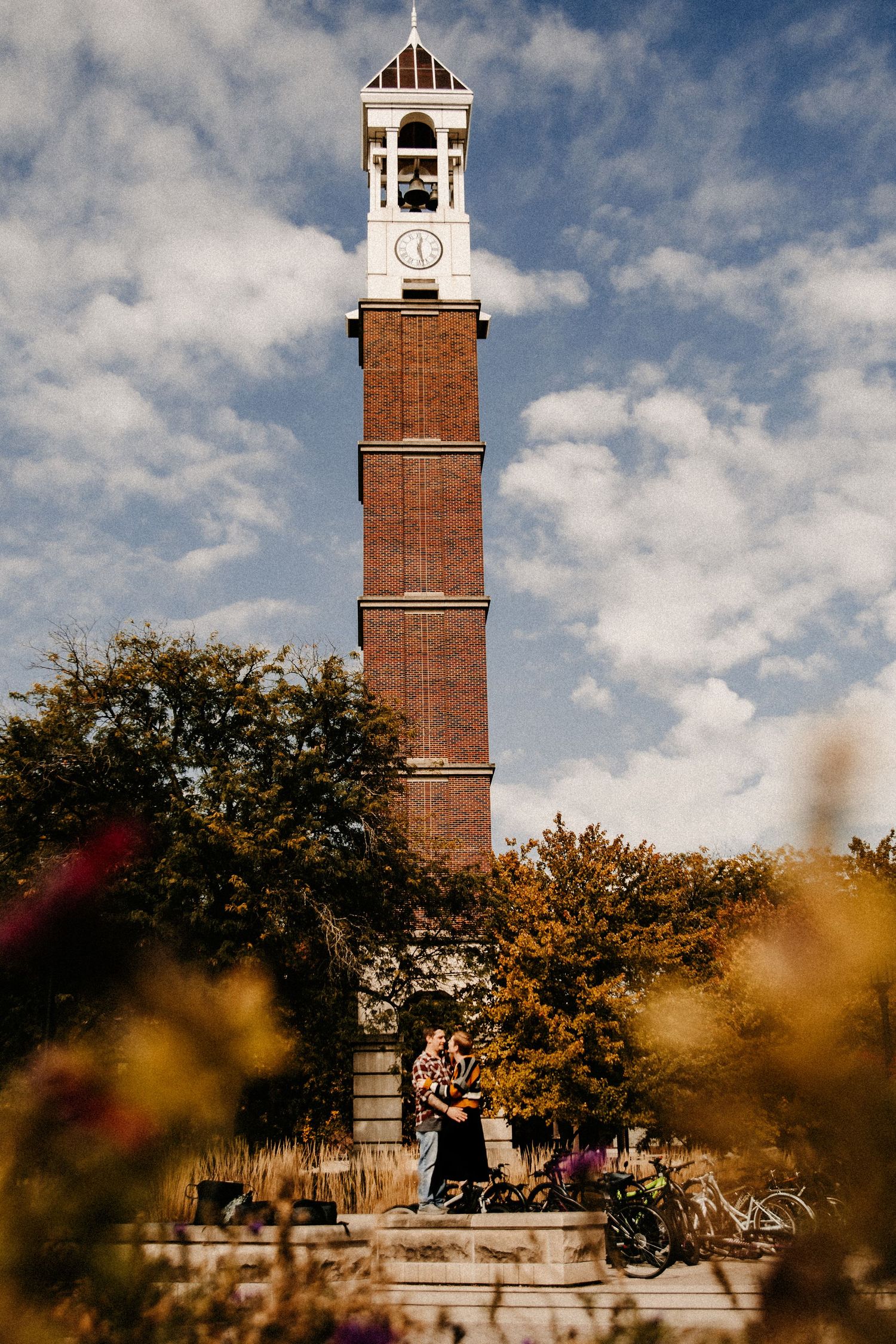 An engagement session at Purdue Bell Tower at Purdue University in West Lafayette, Indiana