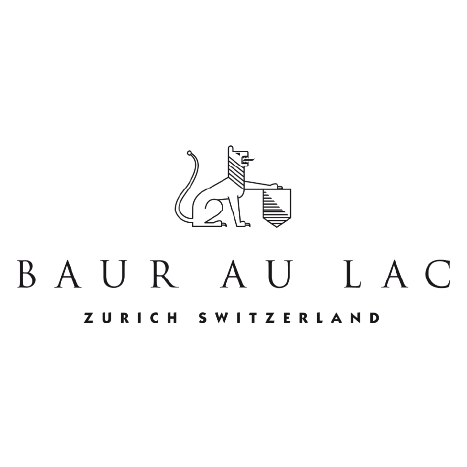 Baur au Lac luxury hotel logo featuring a lion holding a shield, with elegant typography and Zurich Switzerland tagline.