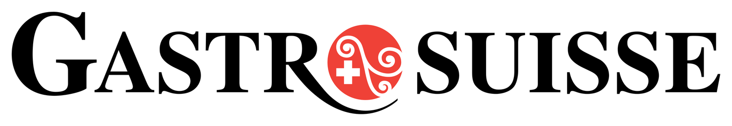 GastroSuisse logo featuring bold black text with a decorative red swirl emblem between Gastro and Suisse.