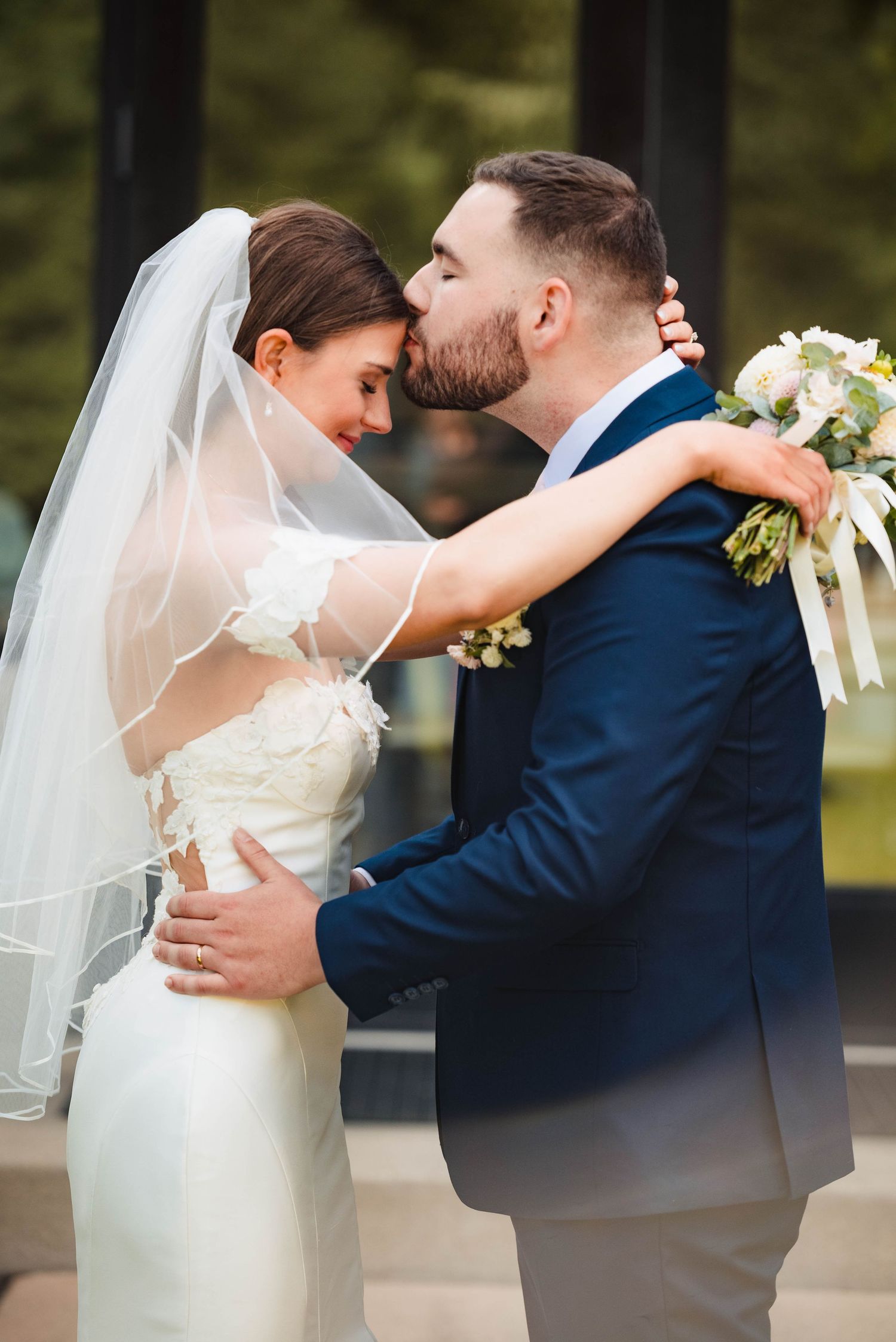 Intimate wedding couple portrait sequence showing tender embraces outdoors.