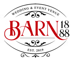 A collection of vintage-style wedding venue logos with barn and event space designs in black and red colors.