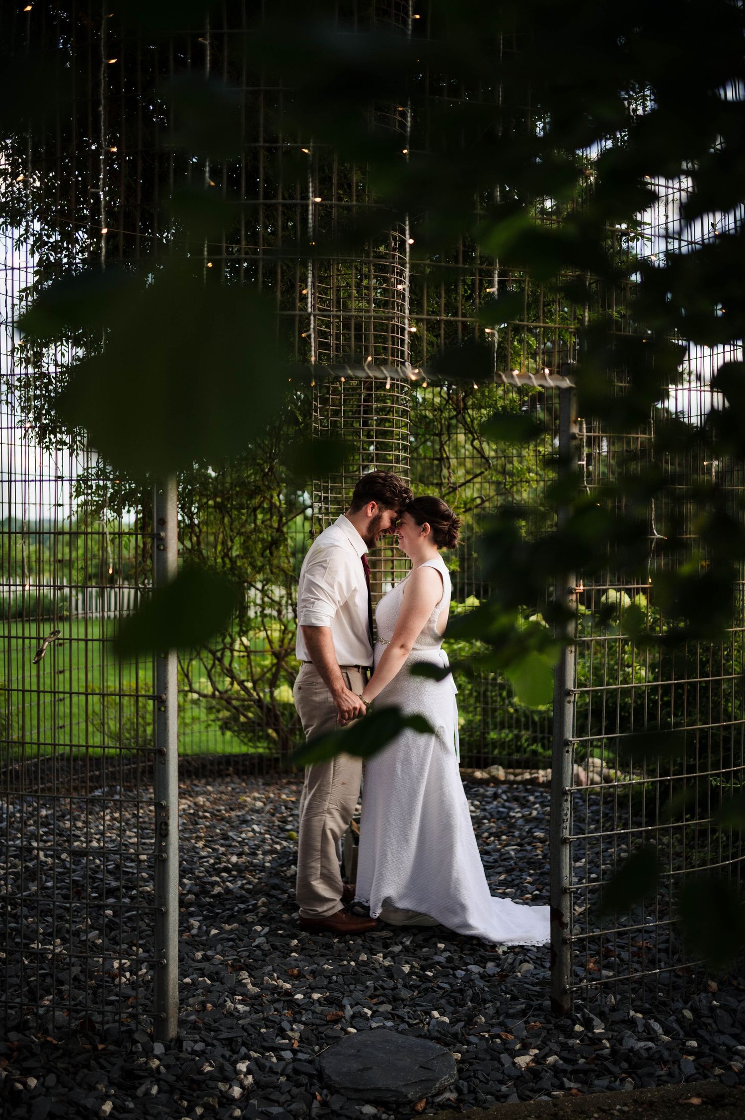 Intimate wedding portraits captured through foliage in moody lighting.