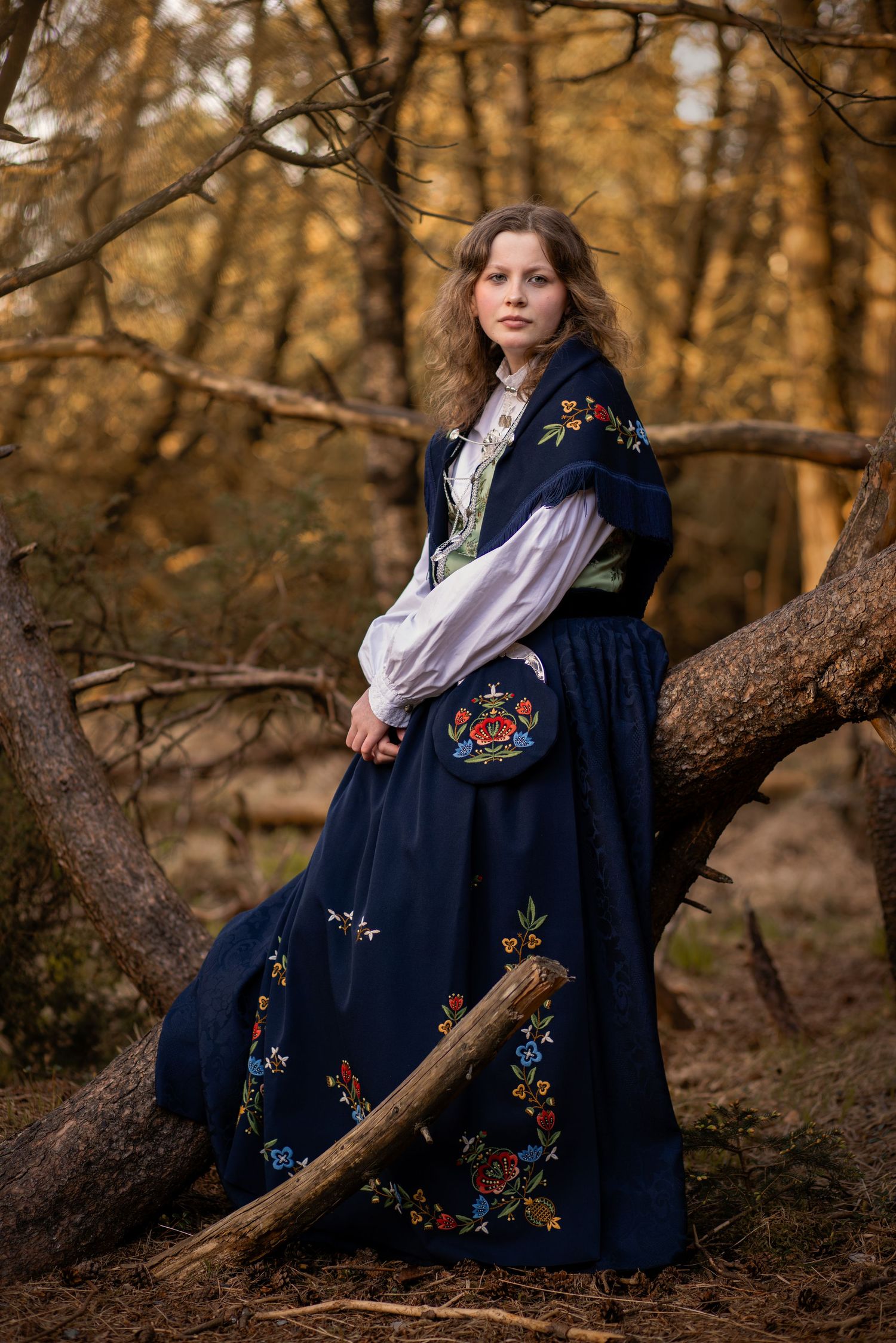 A figure in a navy blue embroidered dress sits thoughtfully against a tree trunk in an autumn forest setting.
