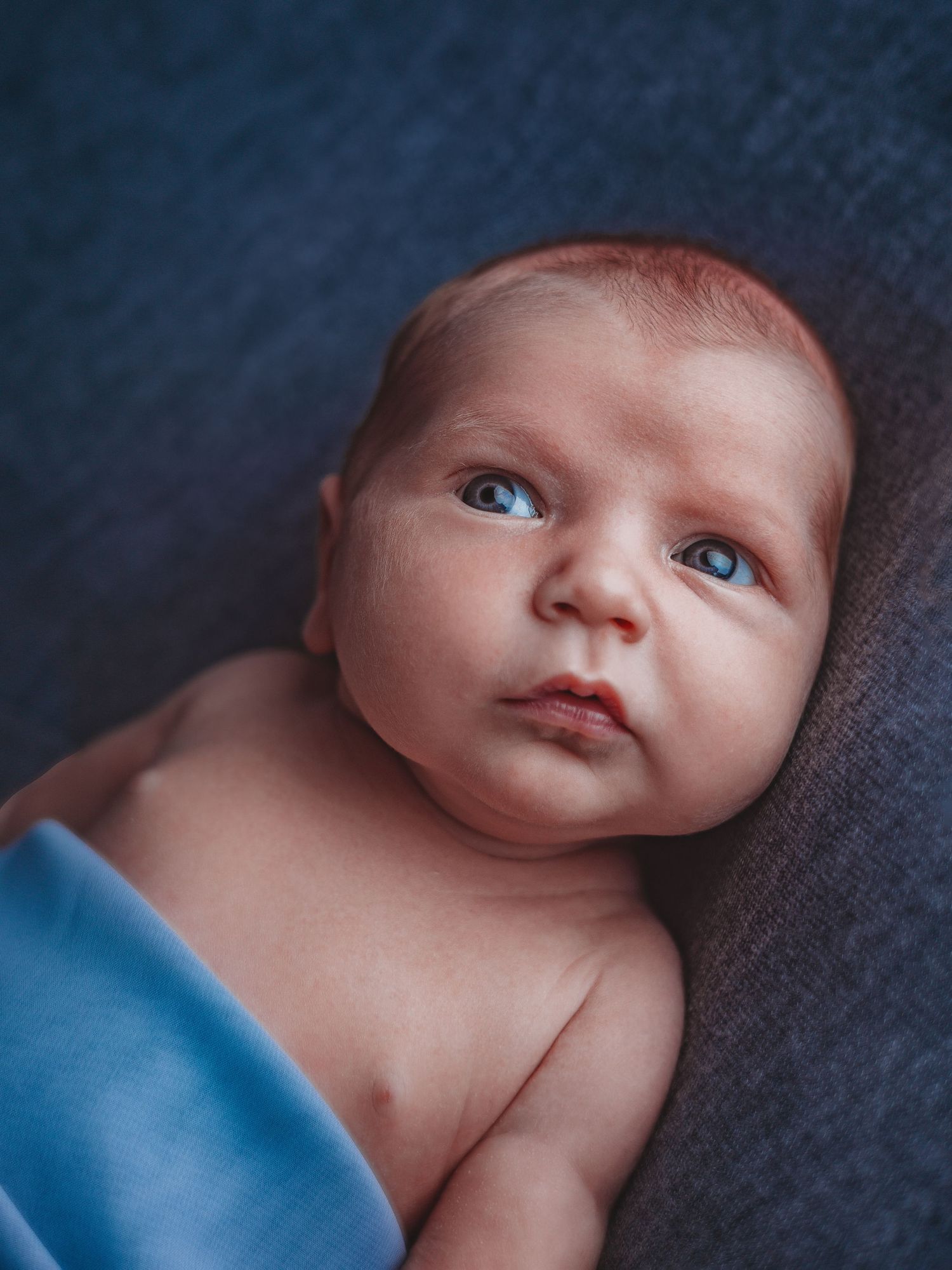 Close-up profile view of a baby with bright blue eyes against a dark background.