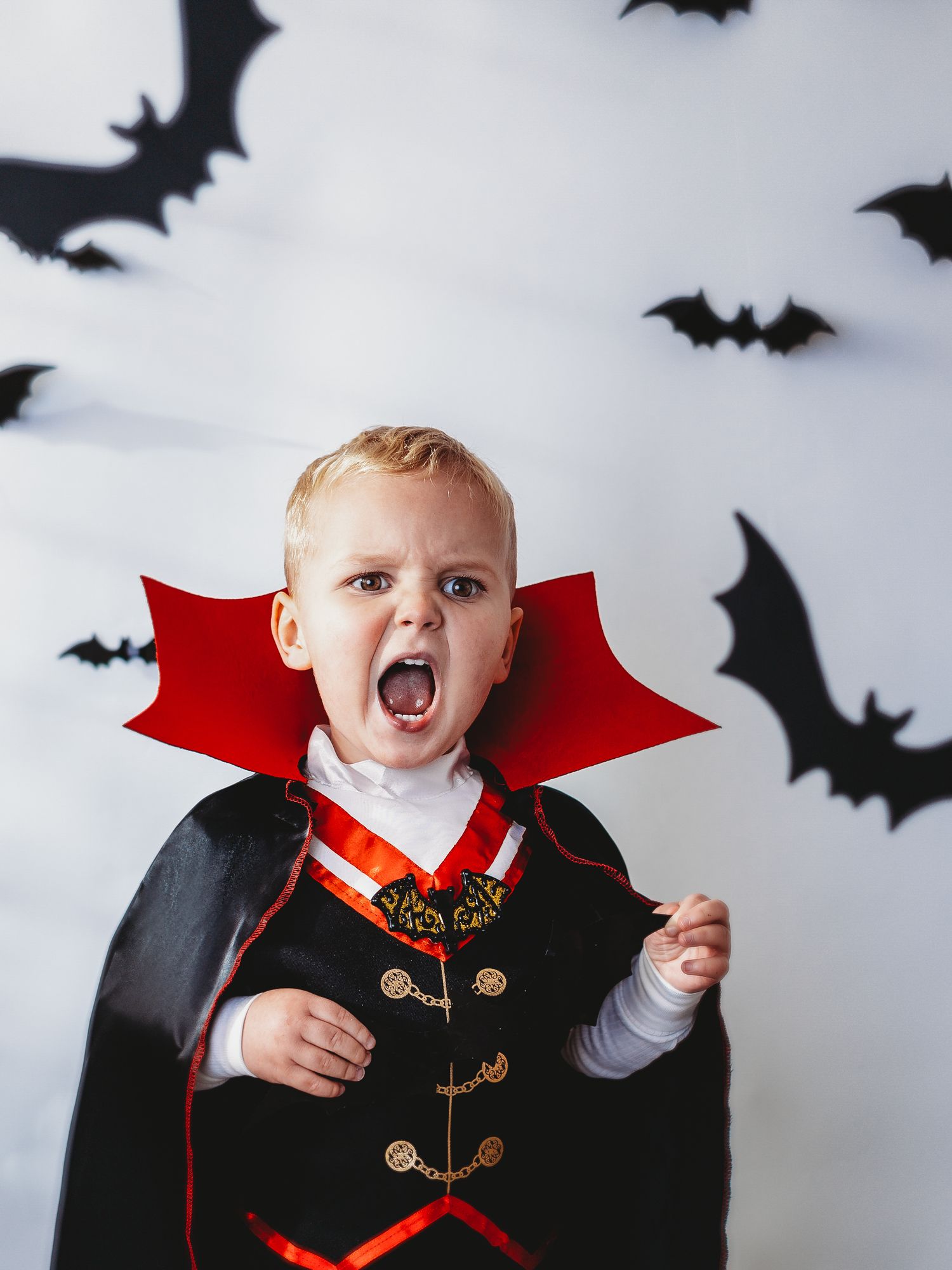 Toddler in Dracula vampire Halloween costume with black cape roaring, surrounded by paper bats on white wall.