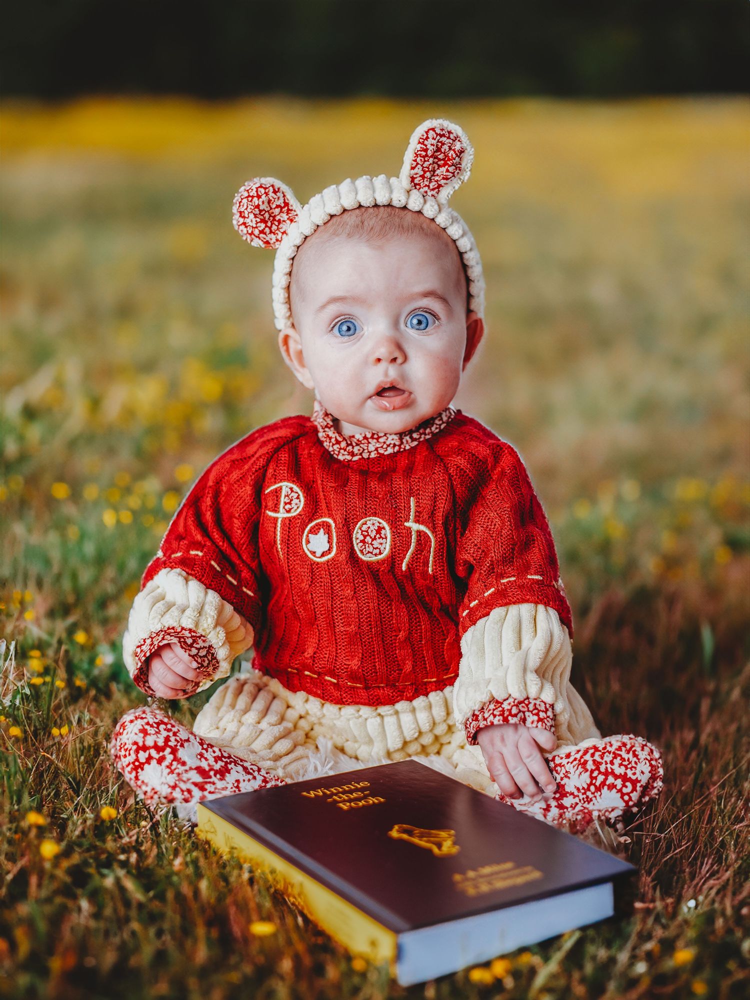 Baby dressed as Winnie the Pooh sitting in a field with a Winnie the Pooh book, wearing red sweater and bear ears.