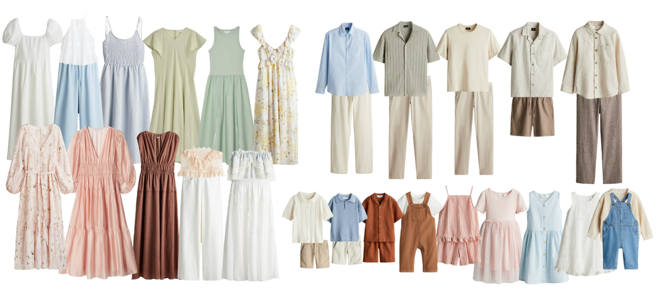 Collection of coordinated casual clothing in neutral colors featuring dresses, pants, and tops laid out in a wardrobe lineup.