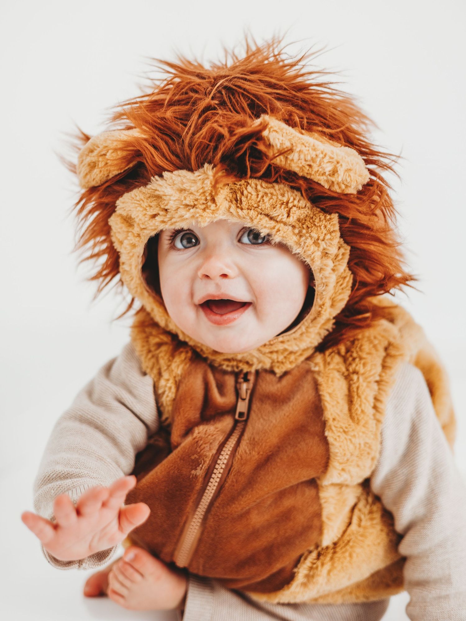 Adorable baby wearing a fluffy brown lion costume with mane hood, smiling and reaching out tiny hand.