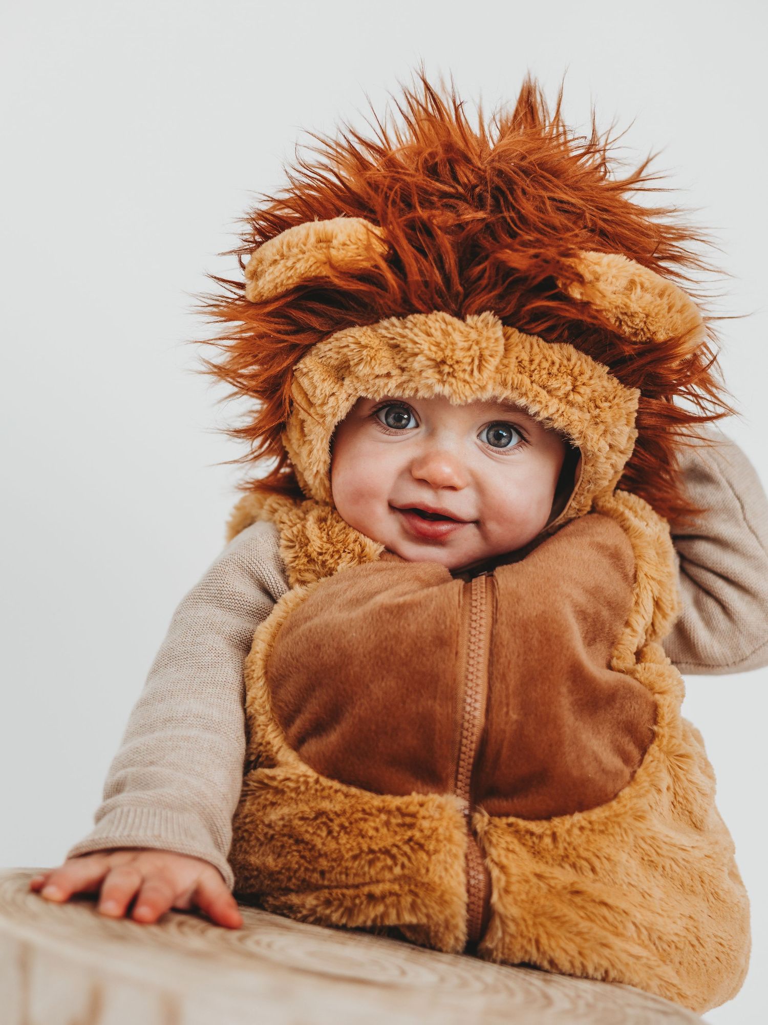 Adorable baby wearing a fluffy lion costume with a brown mane hood, smiling cutely at the camera.