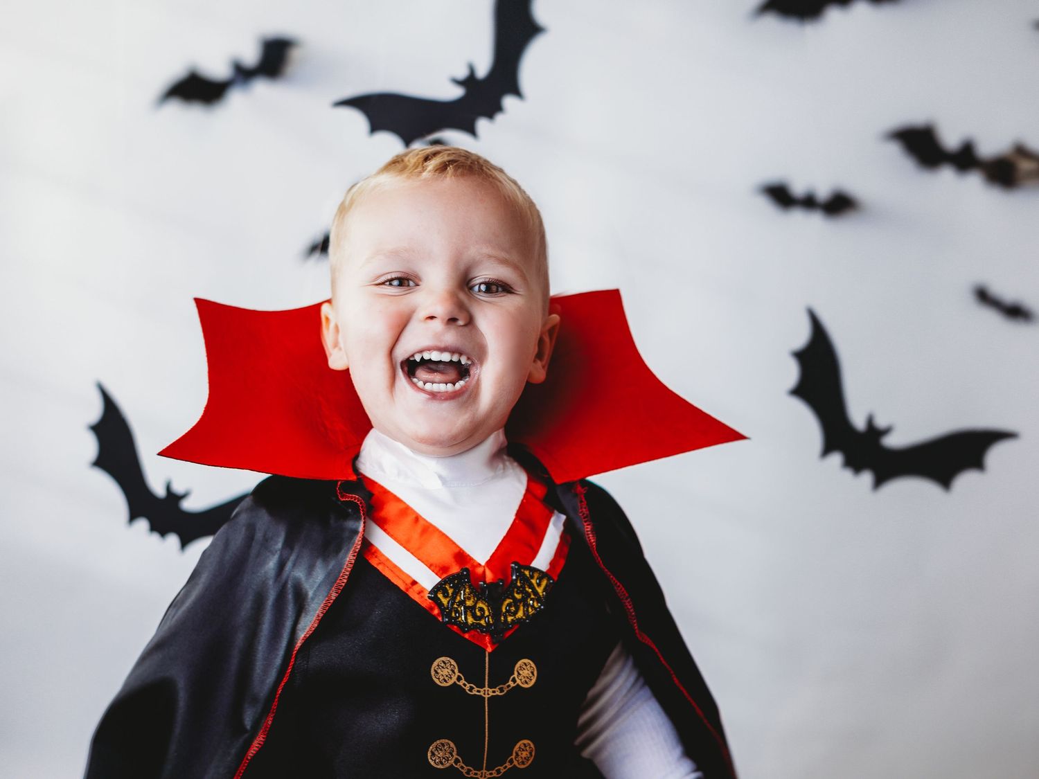 Young boy in Dracula Halloween costume with black cape and red collar, laughing with bat decorations behind him.