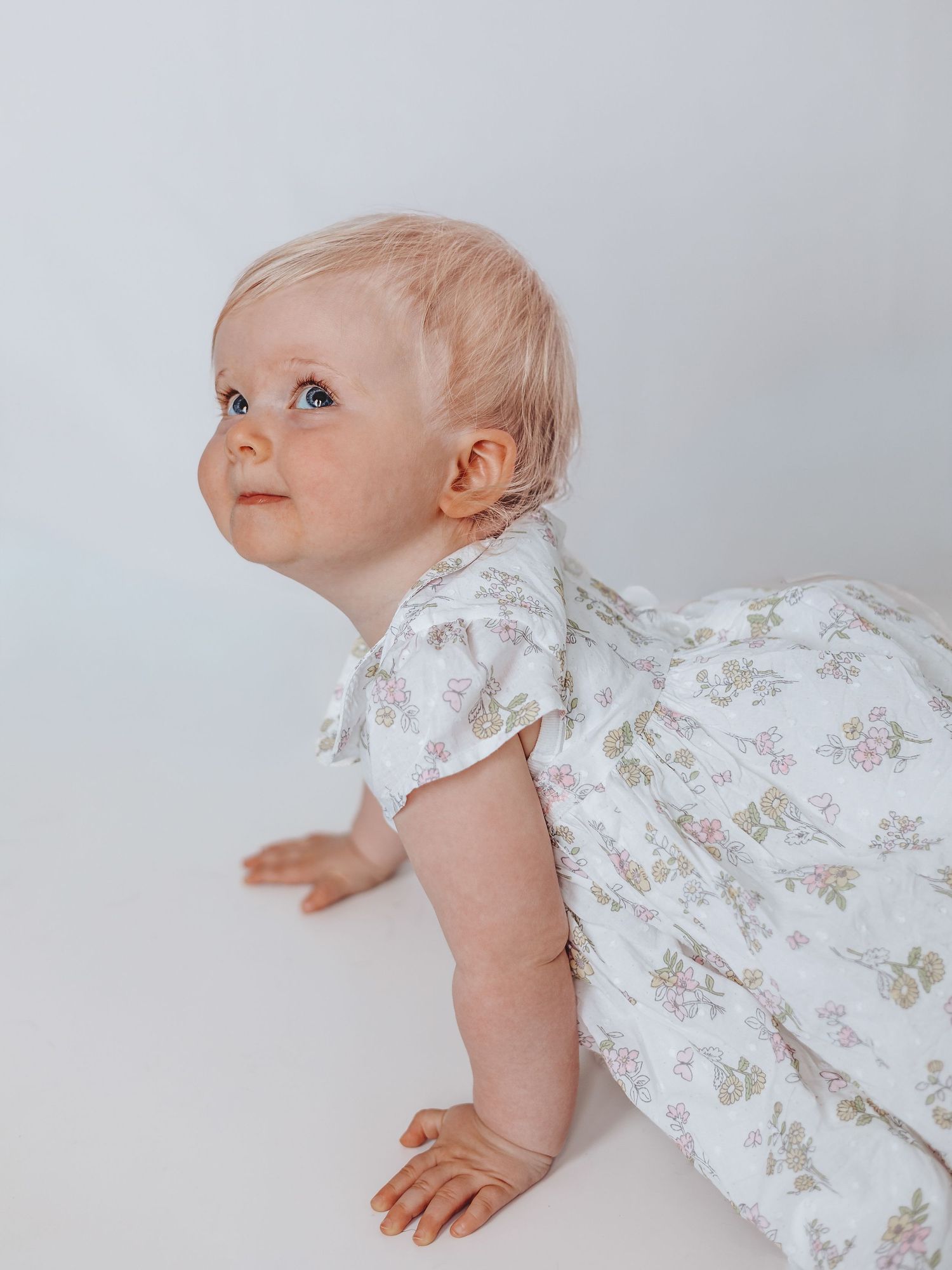 Baby in white floral dress crawls and looks up with curiosity against light background in progression shots.
