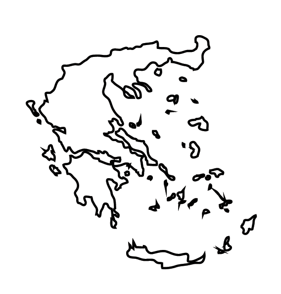 Outline map of Greece showing mainland and numerous islands in the Mediterranean Sea.