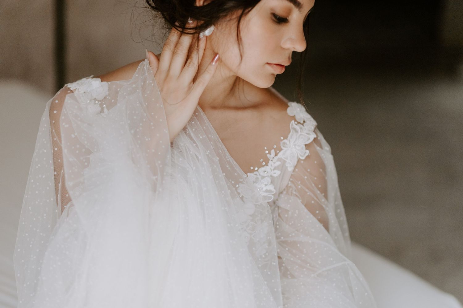 Elegant bridal portrait showcasing detailed lace sleeves and sheer fabric.