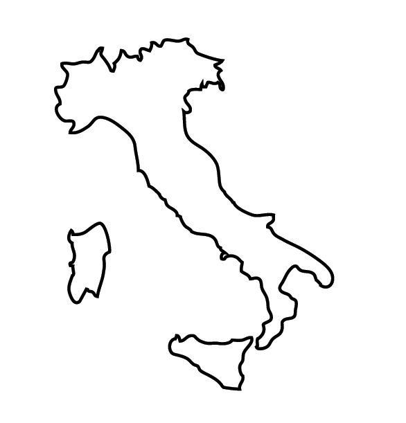 Minimalist outline map of Italy showing the distinctive boot shape and surrounding islands.