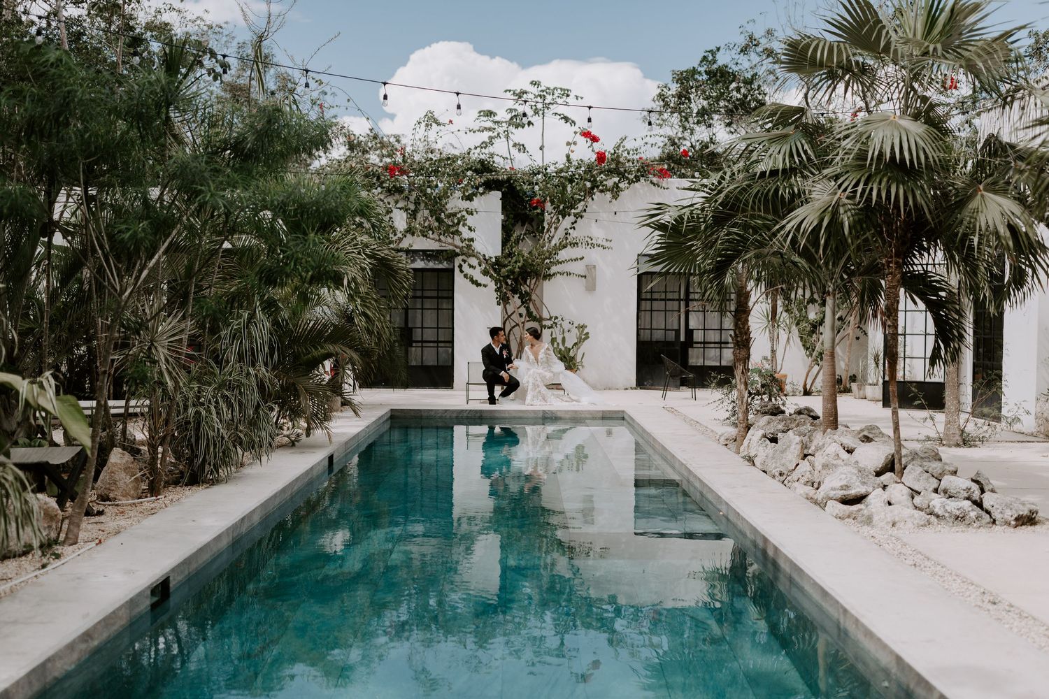 Modern swimming pool with white architecture and tropical palm trees in the background.