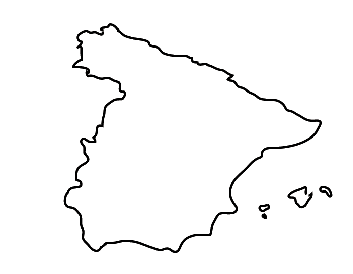 Simple outline map of Spain and its islands showing the country's distinctive geographical shape.