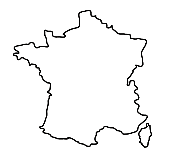 Outline map of France showing the hexagonal shape of the country's mainland borders and Corsica island.