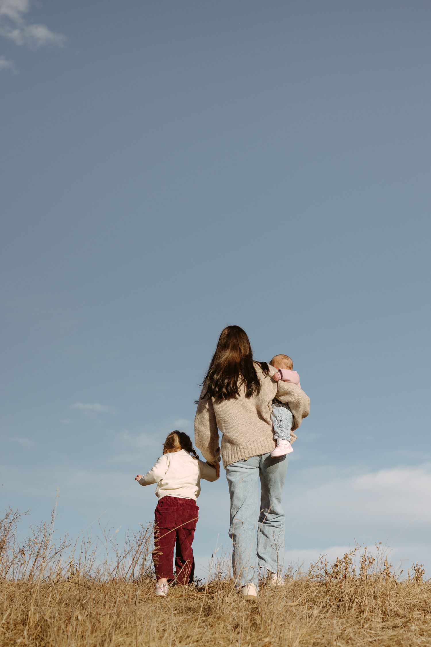 Three figures stand silhouetted against a blue sky on a hilltop covered in dry grass.