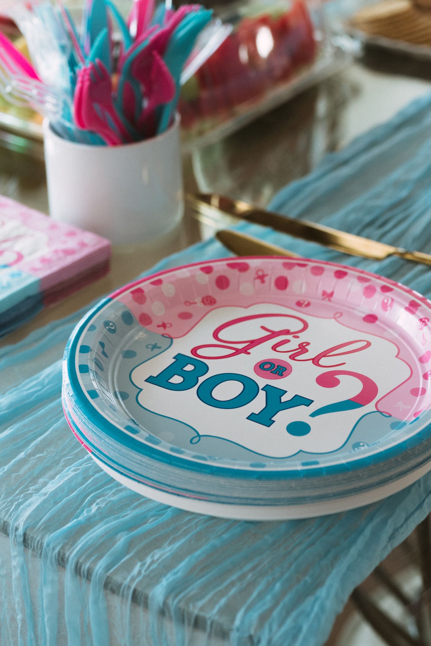 Gender reveal party table with pink and blue decorations, featuring a paper plate reading Girl or Boy?.