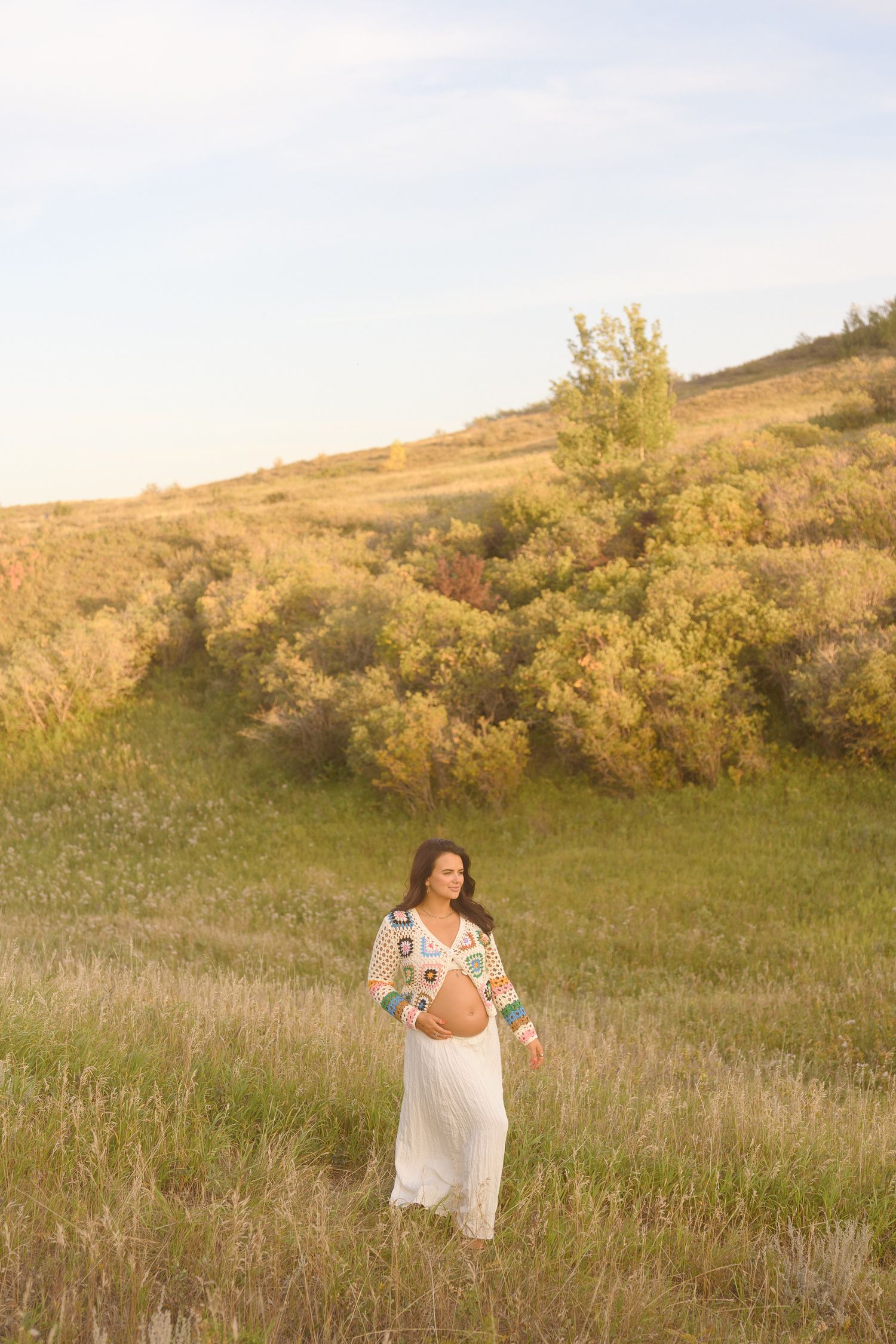 Scenic countryside landscape with rolling hills and golden grass during sunset.