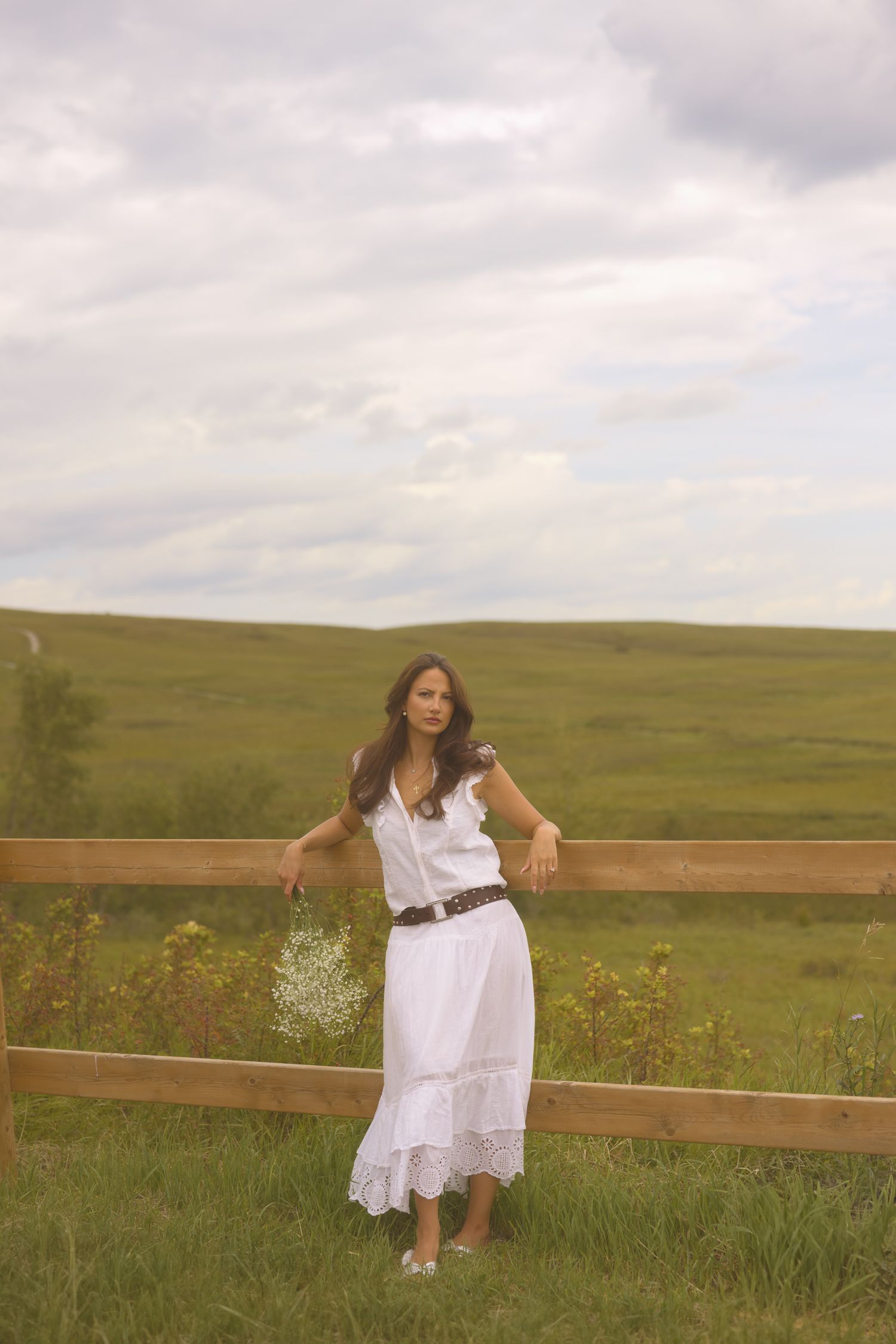 A dreamy pastoral scene with a wooden fence and rolling hills in the background.