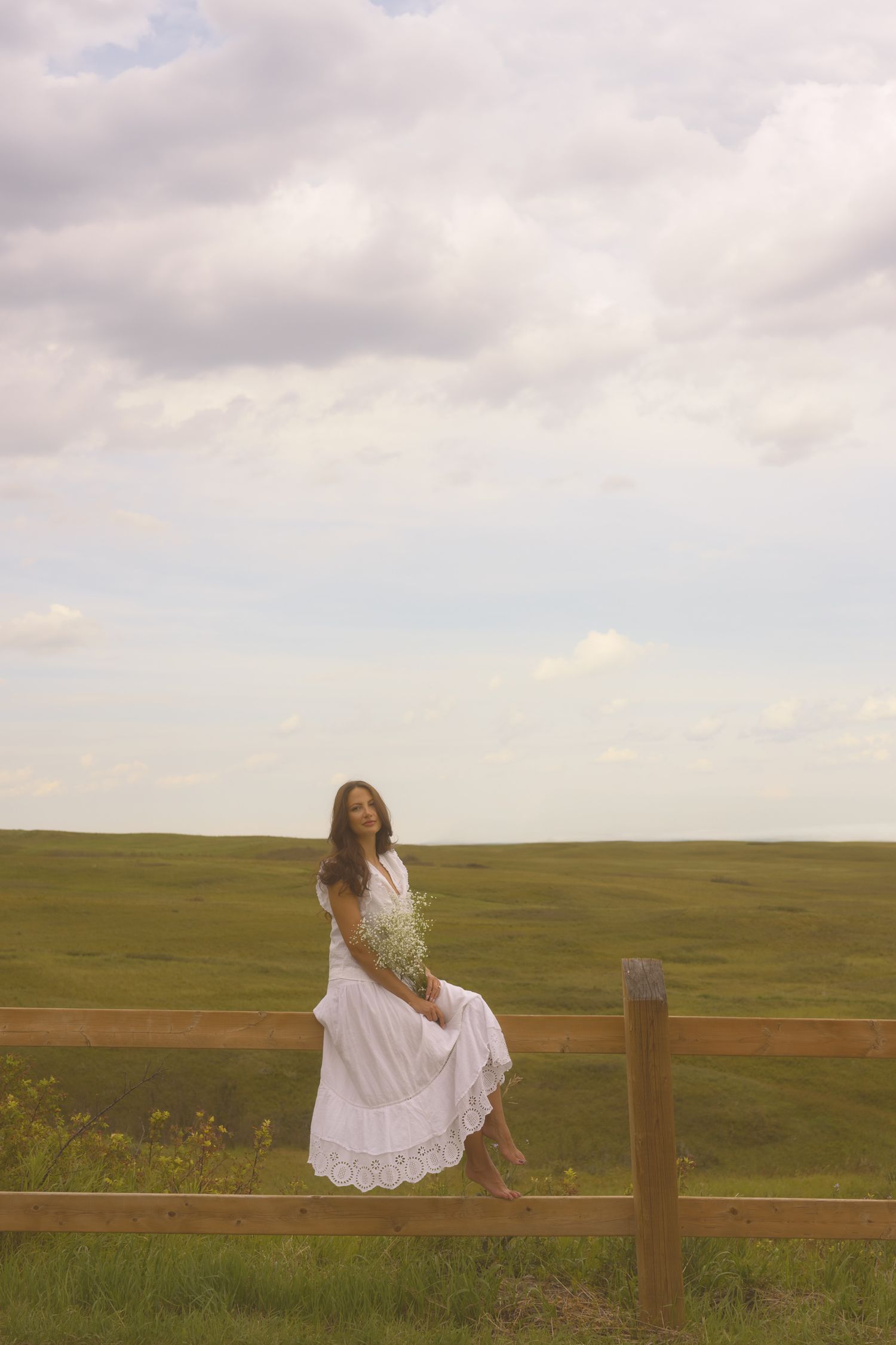 A serene moment captured on a wooden fence overlooking green rolling hills.