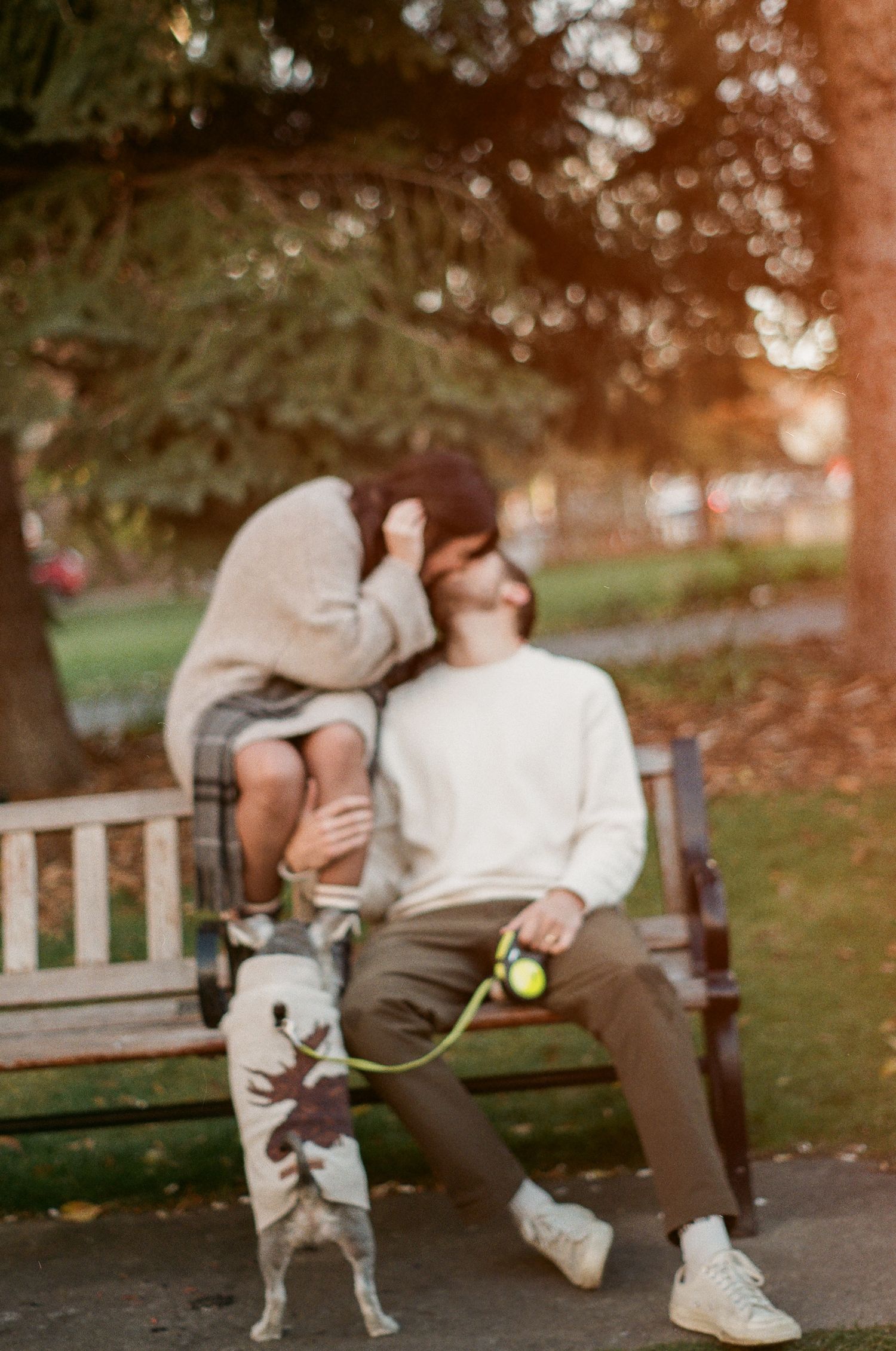 Couple sharing a romantic moment on a park bench at sunset with warm autumn lighting.