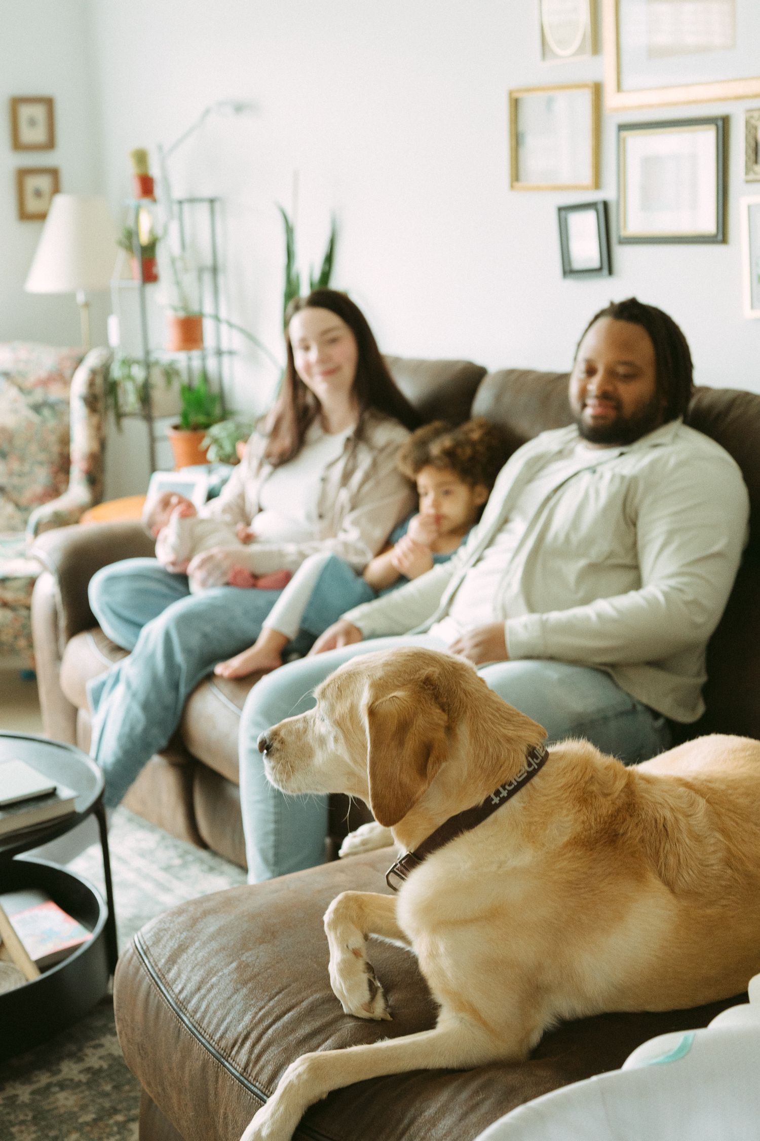 A happy multiracial family sits on a brown sofa with their golden Labrador dog in a warmly decorated living room.