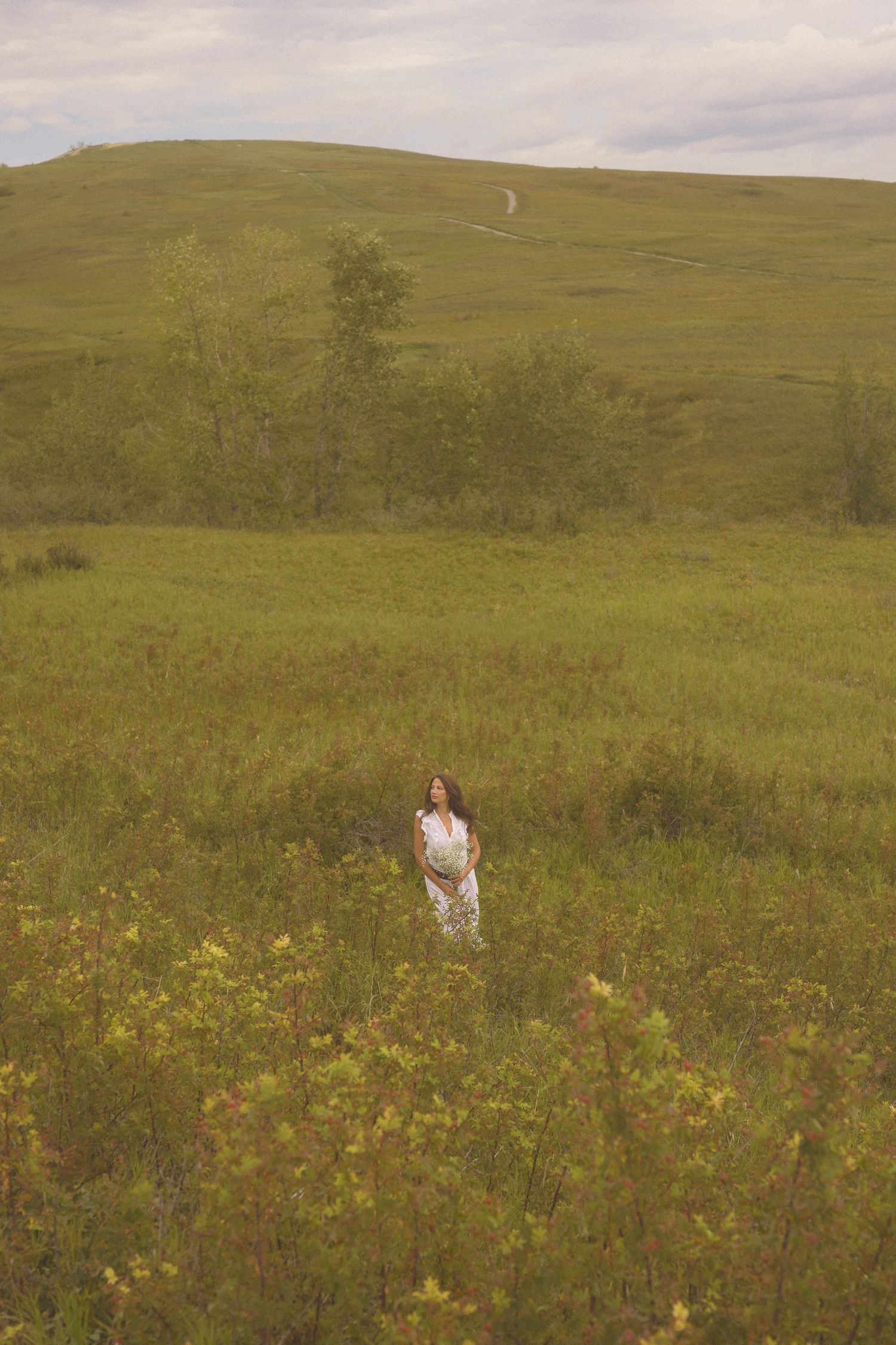 A figure in a white dress stands in a rolling green meadow with wildflowers under a cloudy sky.