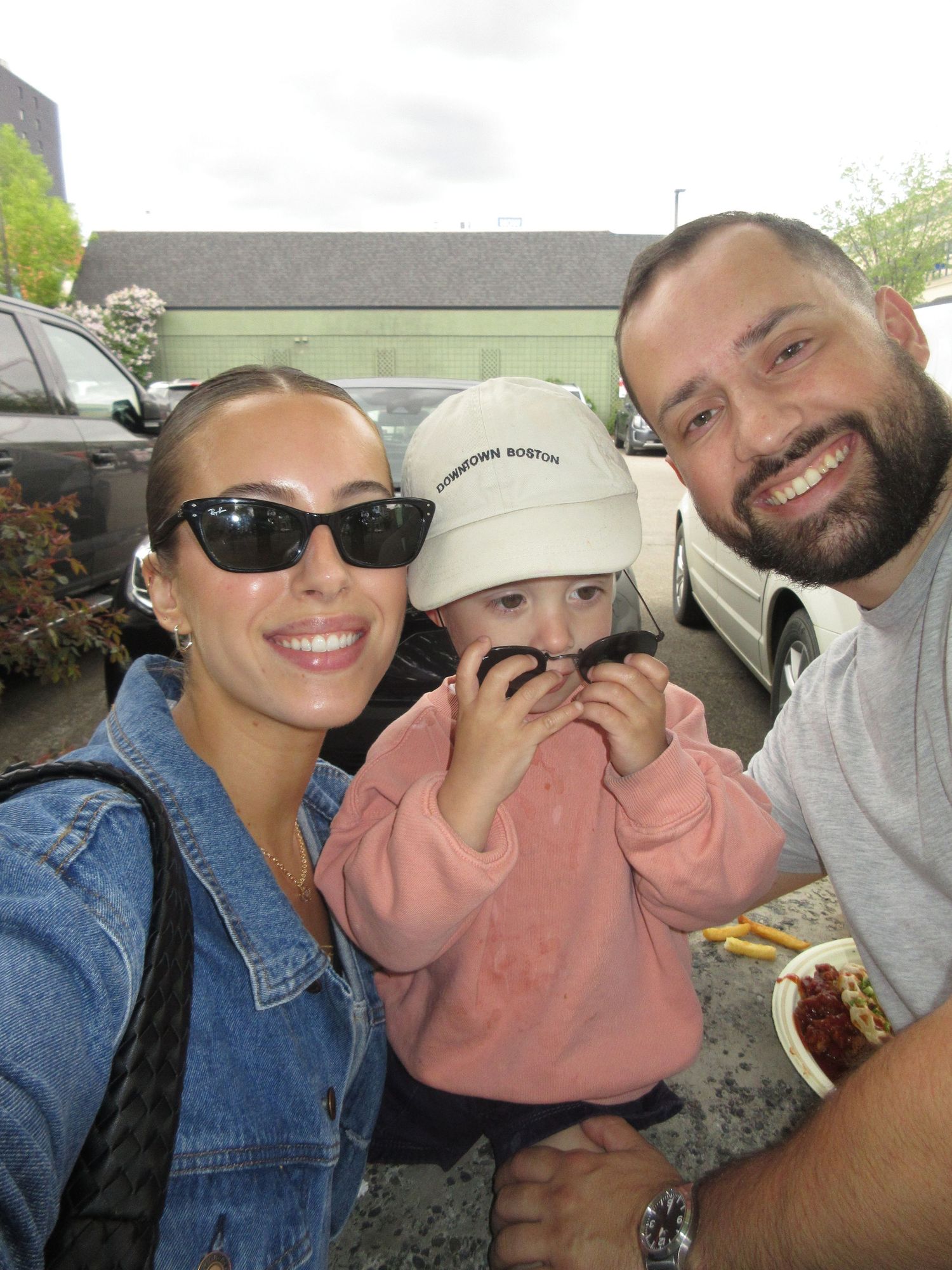 A series of casual selfies showing a couple with their baby in a car, wearing casual attire.