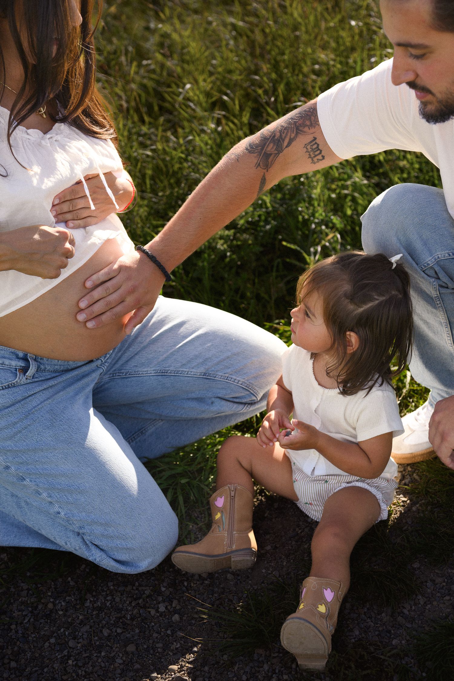 Close-up shots of casual interactions in a sunny outdoor setting.